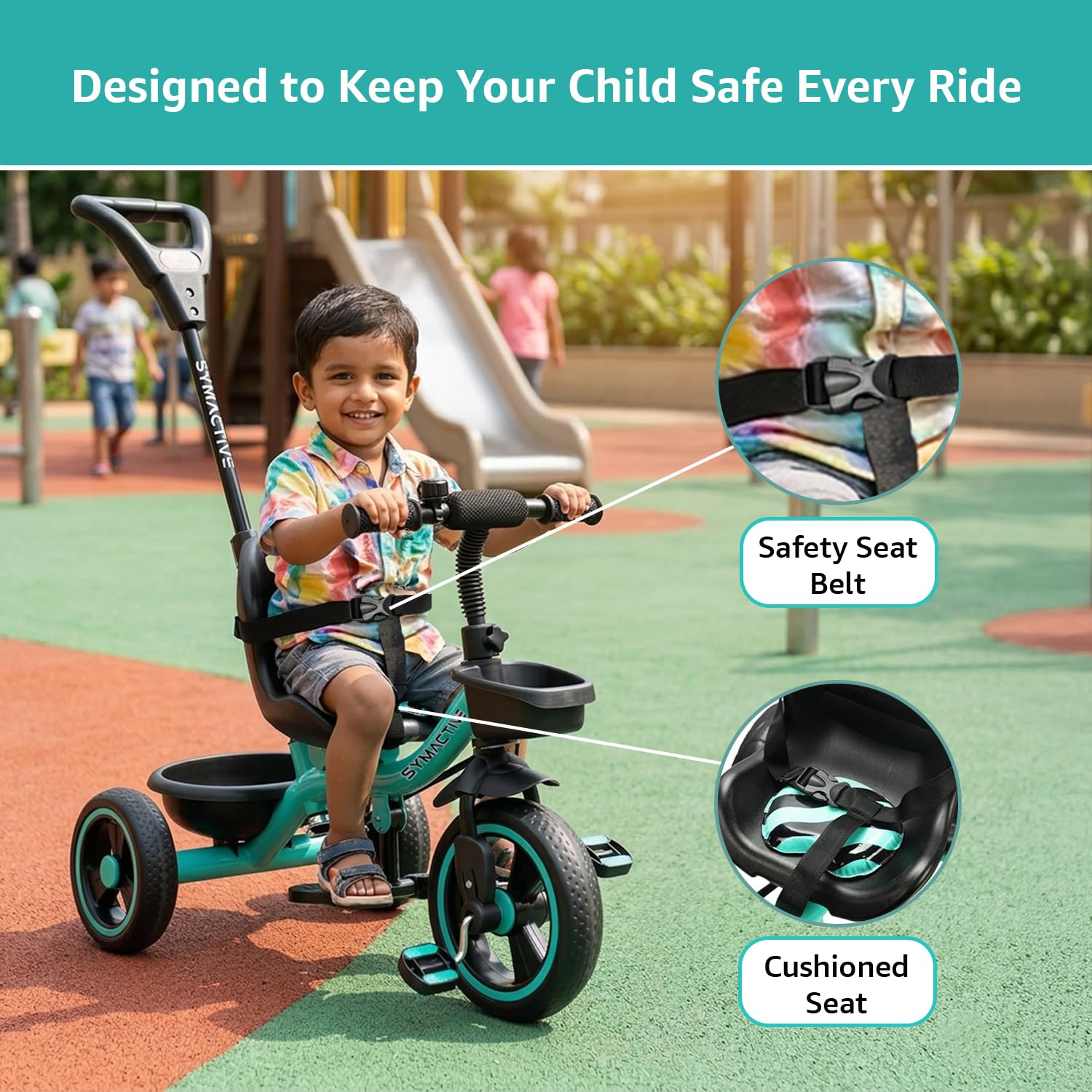 Amazon Brand - Symactive Tricycle for Kids | Plug N Play | Baby Cycle with Parental Control, Eva Wheels, Bell, Seat, Belt & Basket | Kids Tricycle | 2+ Years Unisex | Weight Limit 25 Kgs (Ice Blue) image 3