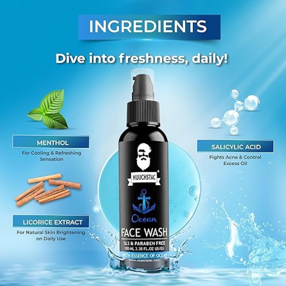 Muuchstac Ocean Face Wash for Men (2 x 100ml) – Anti-Acne/Pimple, Oil Control & Skin Brightening Cleanser – with Niacinamide, Menthol & Licorice Extracts – For All Skin Types image 5