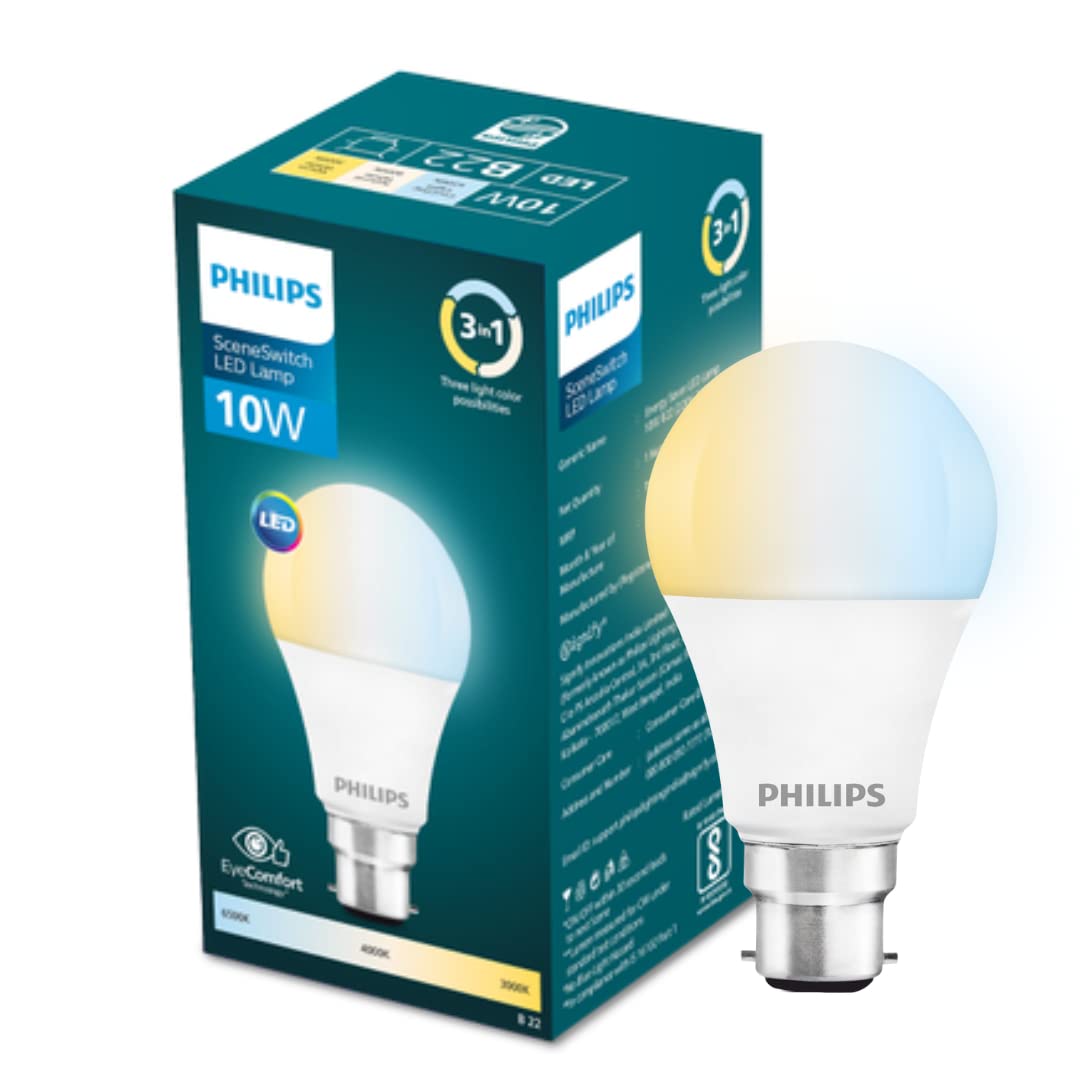 Philips 10-watt LED Bulb|3 Colors in 1 LED Bulb|Scene Switch Bulb for Home & Decoration|Color: Tunable White, Pack of 1, 10 w, b22d