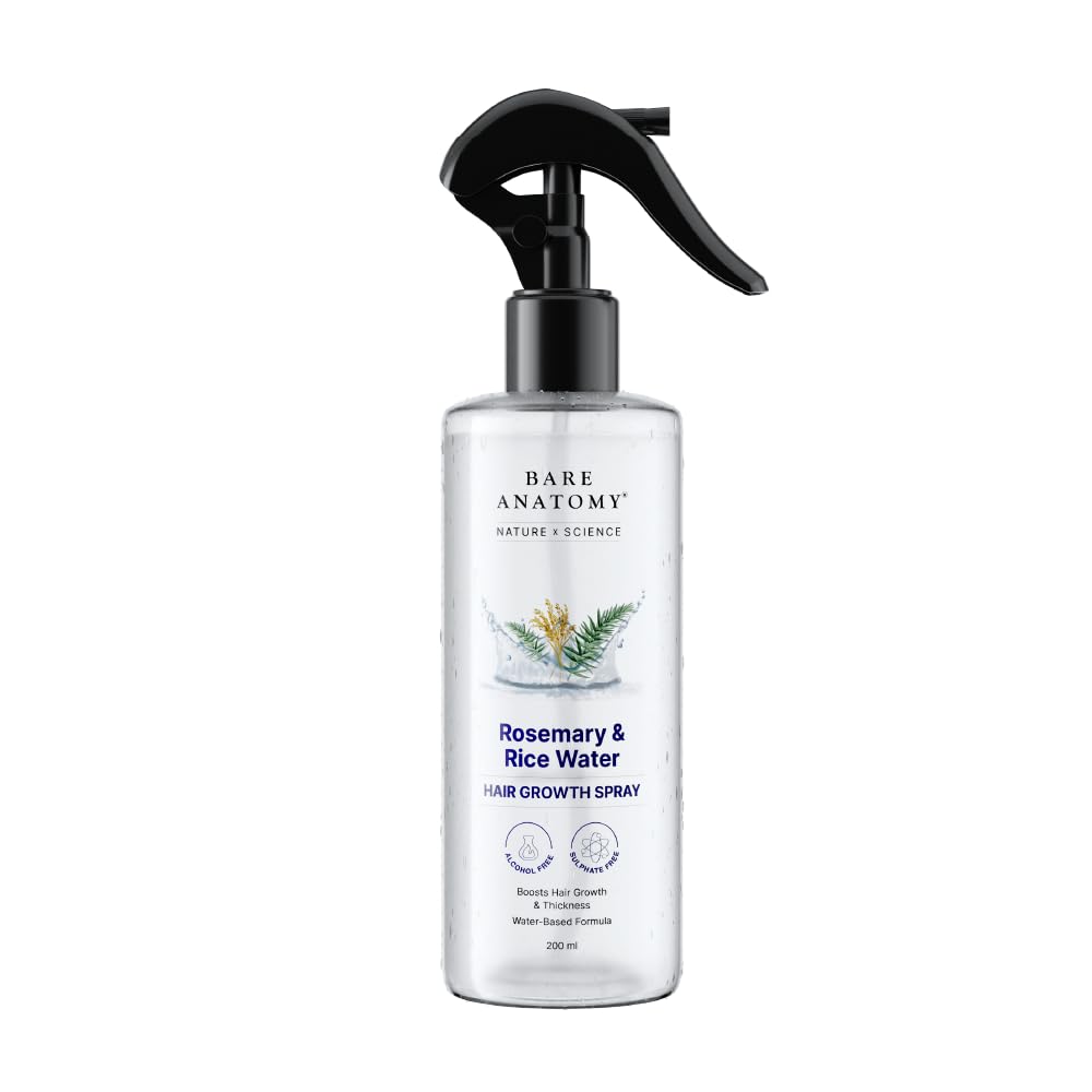 Bare Anatomy Nature x Science Rosemary Water Spray for Hair Growth & Hair Thickness with Rice Water | 100% Natural Extract | Soft & Smooth Hair | Controls Hairfall & Adds Shine | Non-Greasy & Fast Absorbing | 200 ml