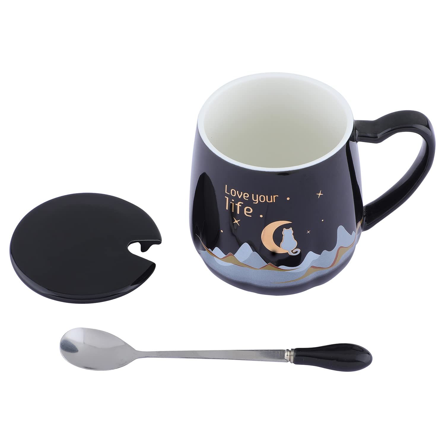 NYRWANA Coffee Mug, Gift for Woman, Birthday Present for Girlfriend, Mugs for Present, Valentine Gift for Girlfriend, Cute Mugs, Love Your Life Mug with Lid & Spoon (420ml - Black) image 4
