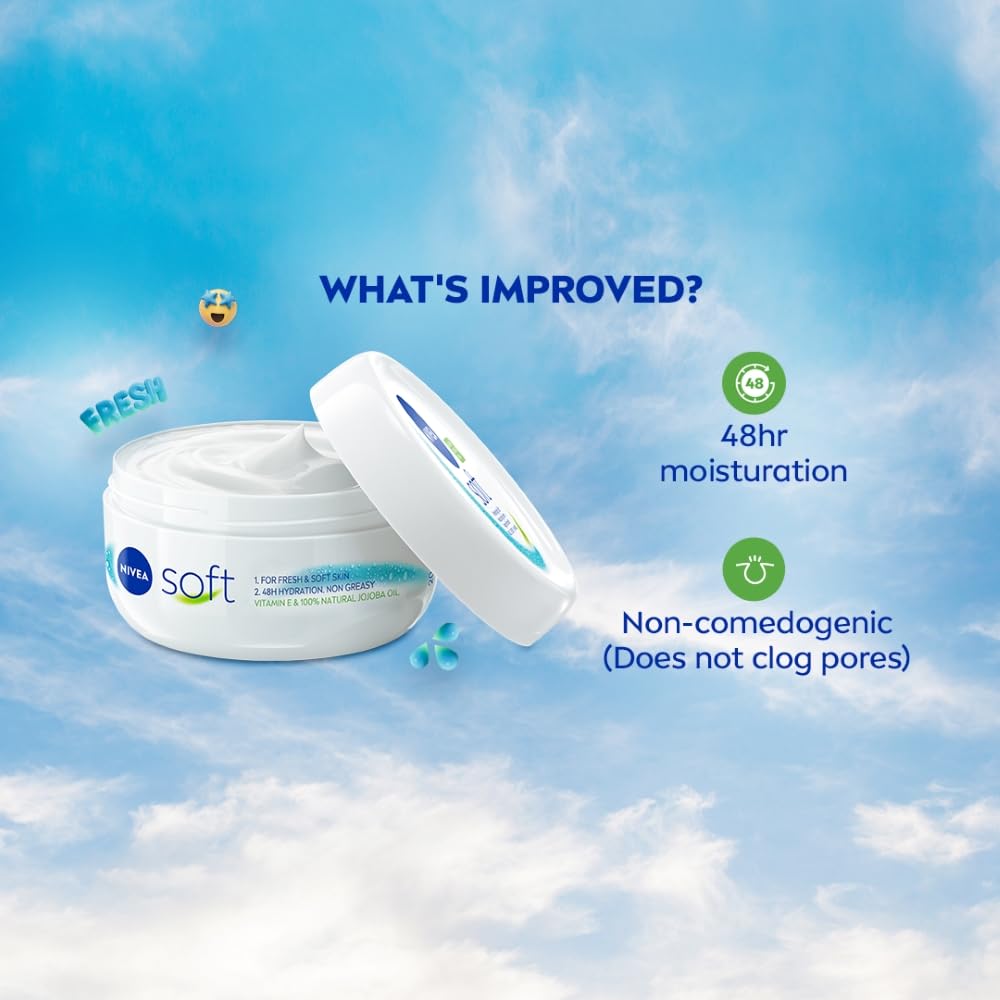 NIVEA Soft Light Moisturizer, 300 ml | Instant Hydration with Vitamin E & Jojoba Oil | Non-Greasy Cream for Face, Body and Hands | For Smooth, Healthy Skin image 3