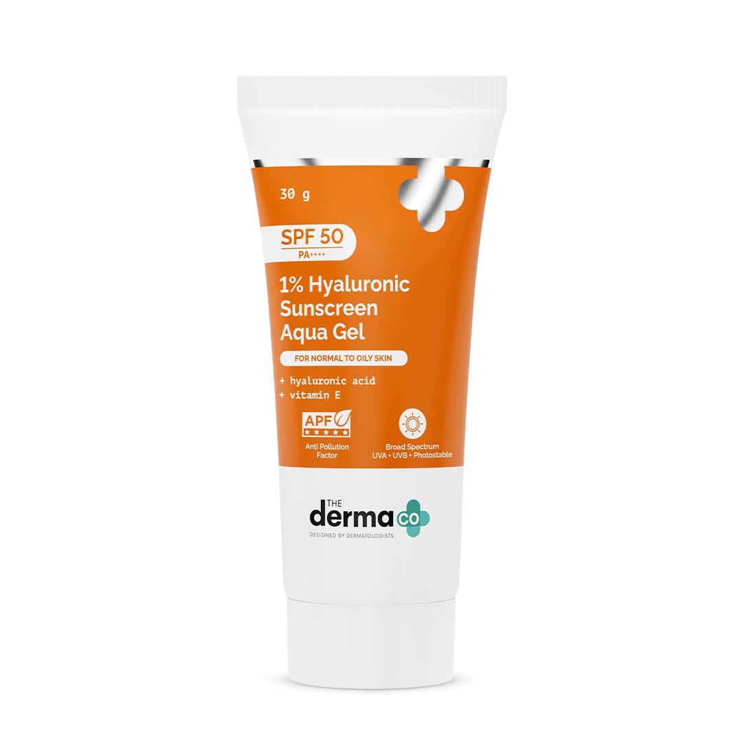 The Derma Co 1% Hyaluronic Sunscreen Aqua Gel SPF 50 PA++++ | Hydrating, Lightweight & Non-Greasy | No White Cast | Broad Spectrum & Blue Light Protection | Clinically Tested - (In-Vivo) | 30 g