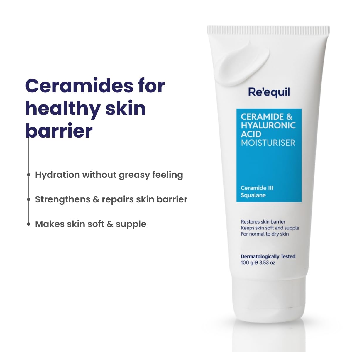 RE' EQUIL Ceramide & Hyaluronic Acid Moisturiser | Moisturizer For Face | Barrier Repair Cream | Long Lasting Hydration | Suitable For Normal To Dry Skin | 100G image 3