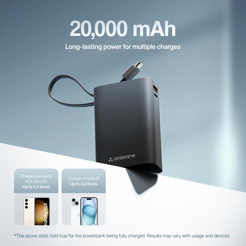 Ambrane 20000mAh Small Pocket Size Powerbank, Hanging InBuilt Type C Cable, 22.5W Fast Charging, Type C PD & USB Output for iPhone, Android Mobiles & Other Devices (MiniCharge 20, Black-Blue) image 4