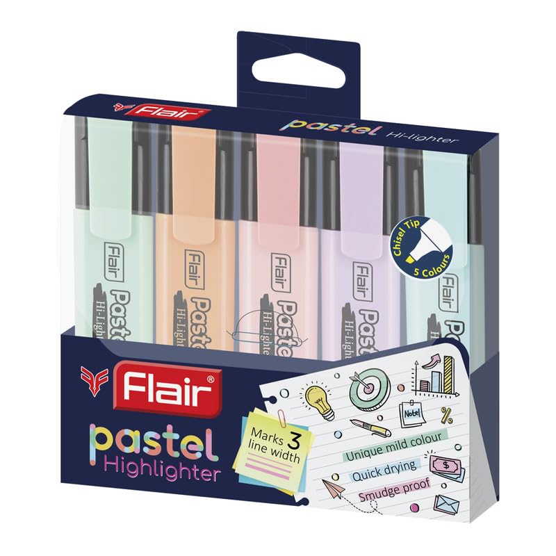 FLAIR Pastel 5 Shades Hi-lighter Pouch Pack | Flexible Line Width | Quick Drying & Smudge Proof Pastel Ink | Non-Toxic Ink, Safe For Childrens | 5 Smoothing Colors, Pack of 1 image 2