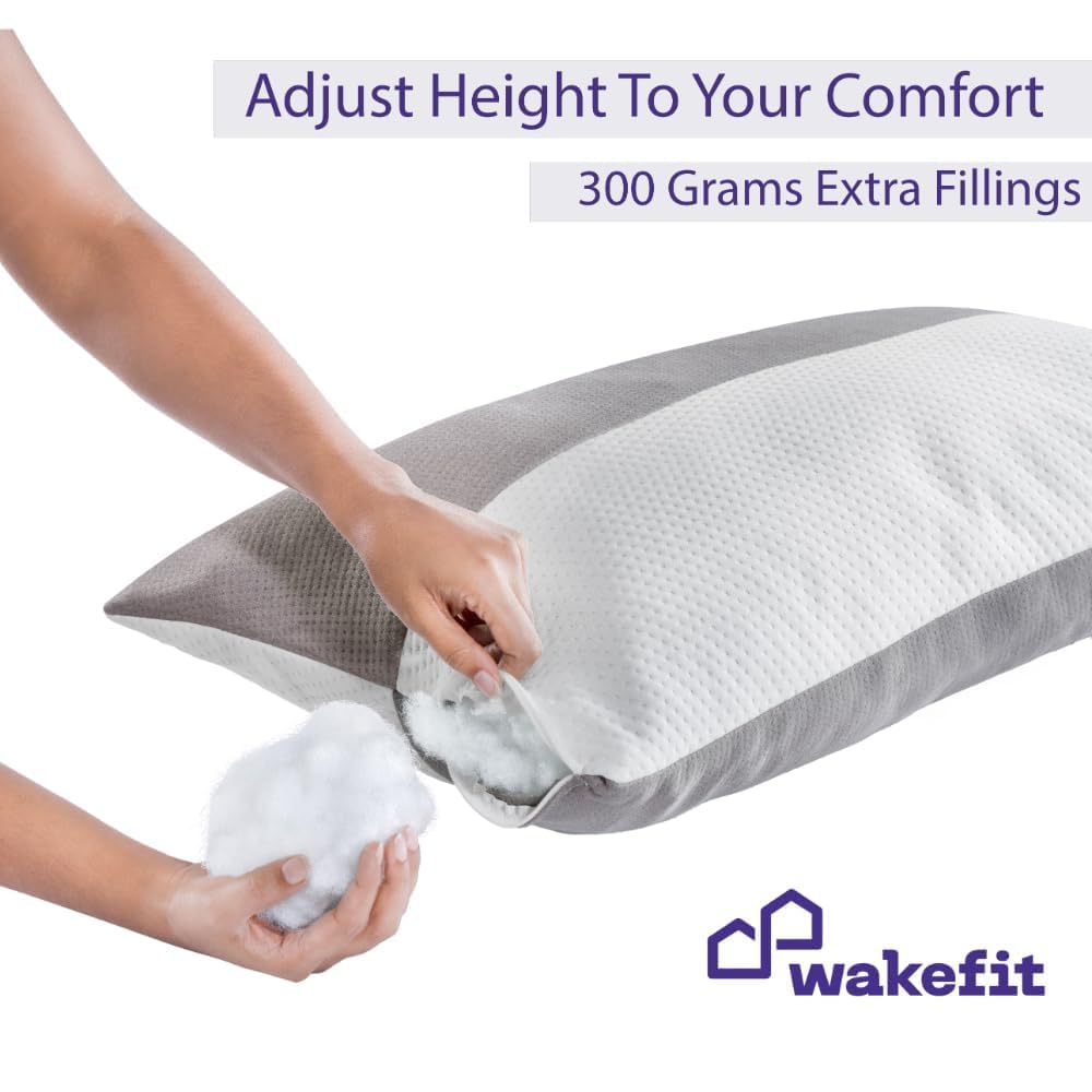 Wakefit Hollow Fiber Sleeping Pillow | Height Adjustable | Soft & Fluffy Comfort | White & Grey | 27 x 16 Inch | Set of 2 |Free Extra Fiber for Custom Comfort (300 Grams) image 4