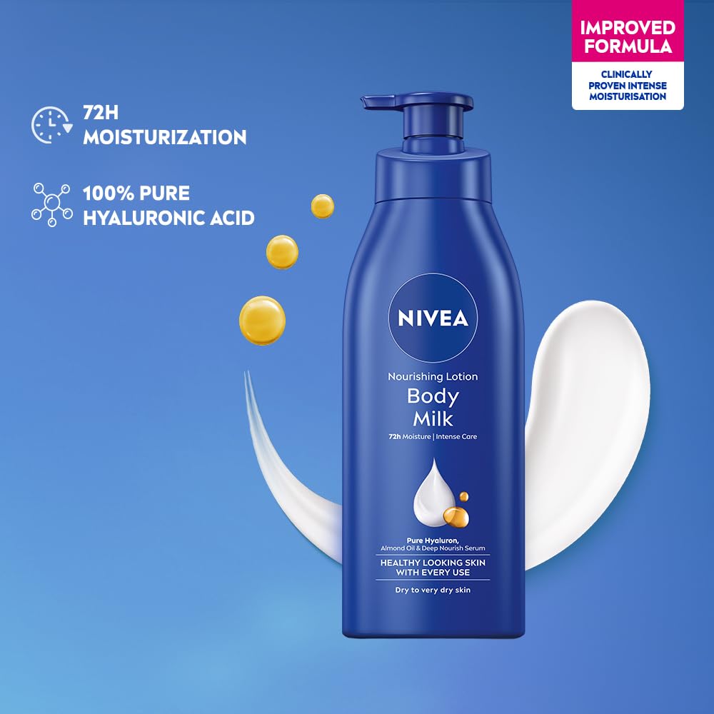 NIVEA Nourishing Body Milk 600ml Body Lotion with Hyaluronic Acid | 72Hr Hydration | Deep Moisture Care for Very Dry Skin | Enriched with Almond Oil | Smooth, Radiant & Healthy Looking Skin Care image 5