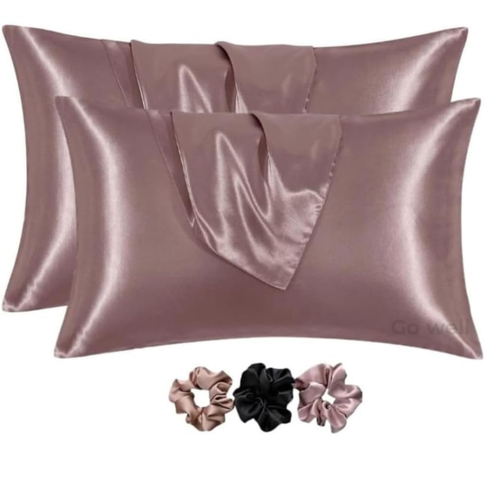 GO WELL Solid Satin Silk Pillow Covers Pack of 2 for Hair and Skin-with Satin Scrunchies |Satin Pillow coves for Hair and Skin|scrunchies for Women 3-Pieces|Silk Pillow case (RoseTaupe) 600TC