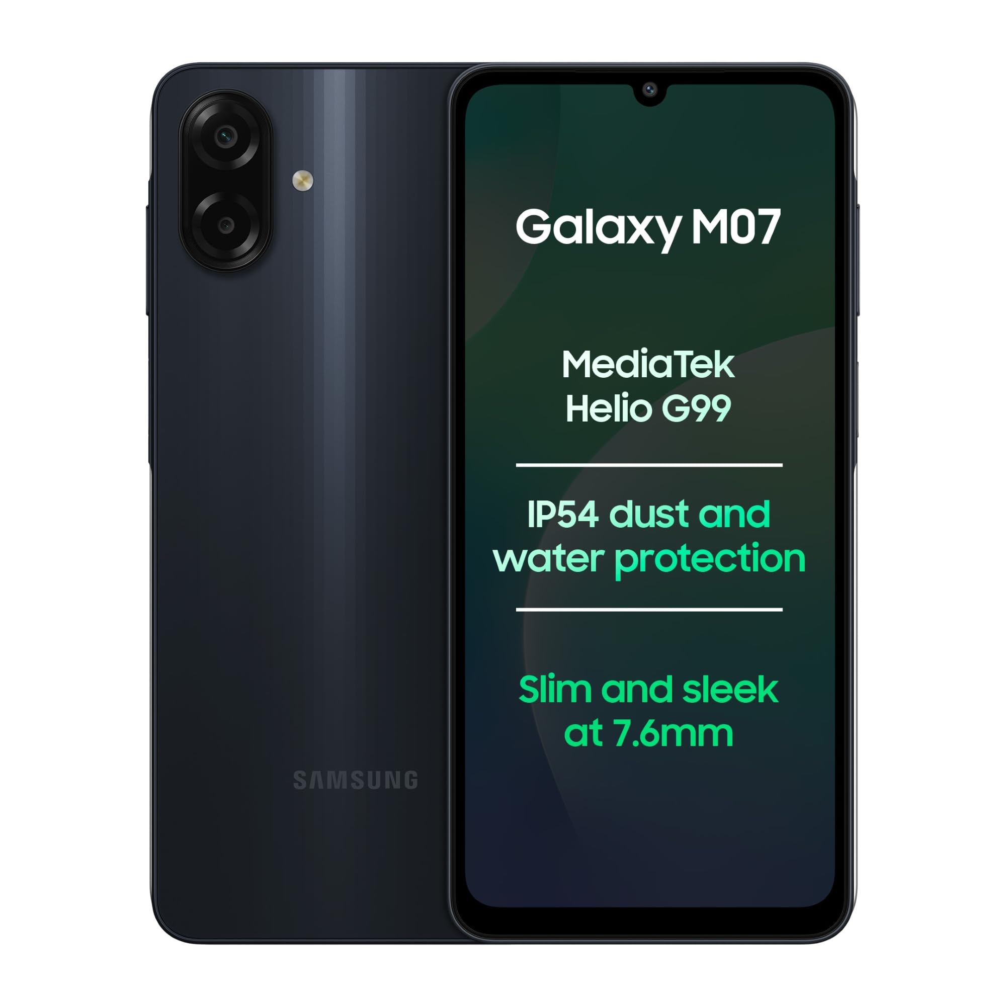 Samsung Galaxy M07 Mobile (Black, 4GB RAM, 64GB Storage) | MediaTek Helio G99 | AnTuTu 624K | IP54| 50MP Camera | 7.6mm Slim | 5000mAh Battery | 25W Fast Charging | 6 Gen OS Upgrades | Without Charger