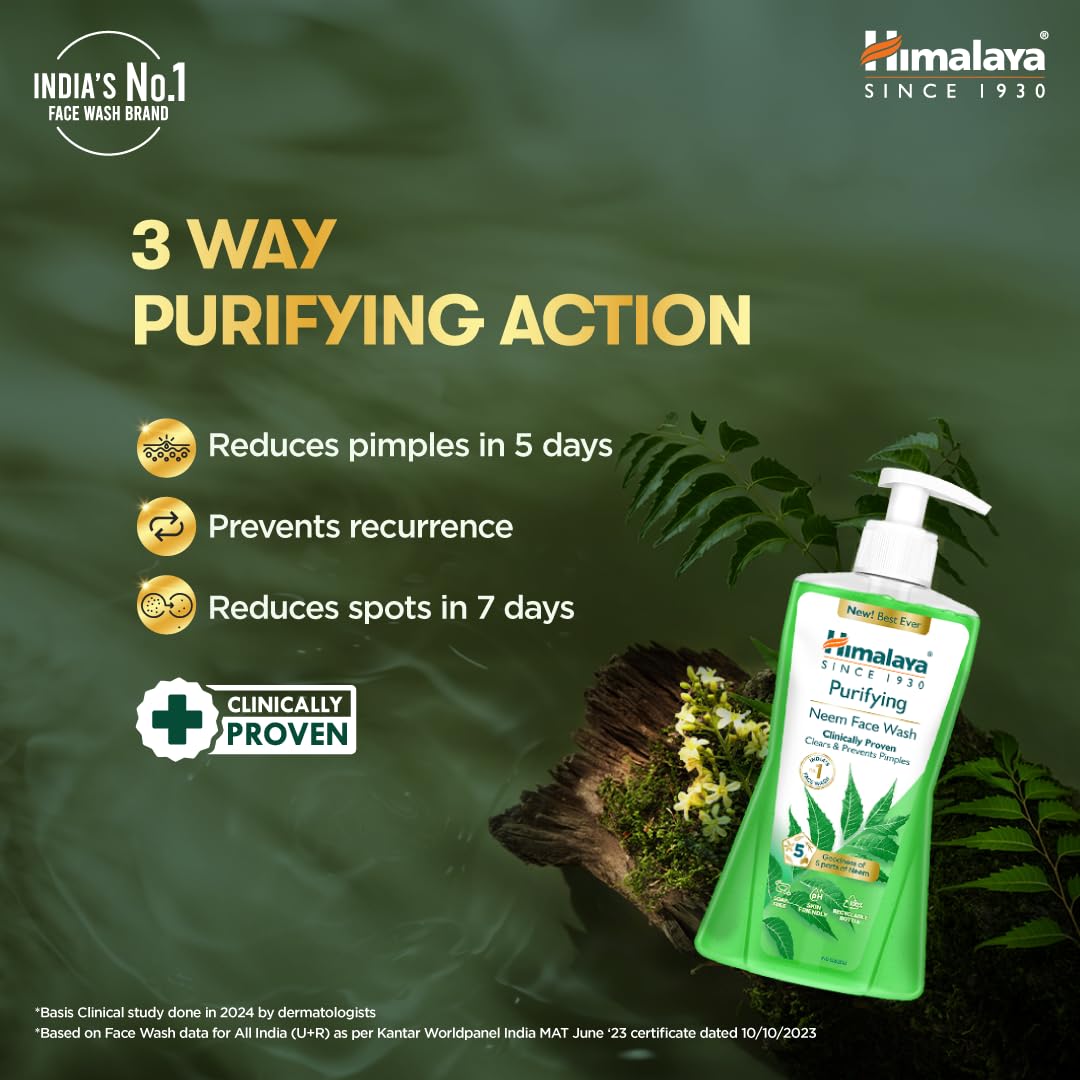Himalaya Purifying Neem Face Wash | With 5 Parts of Neem & Turmeric | Clears & Prevents Pimples & Acne | Clinically Proven Formula | For Oily & Acne Prone Skin ||For Men and Women| 400ml image 5
