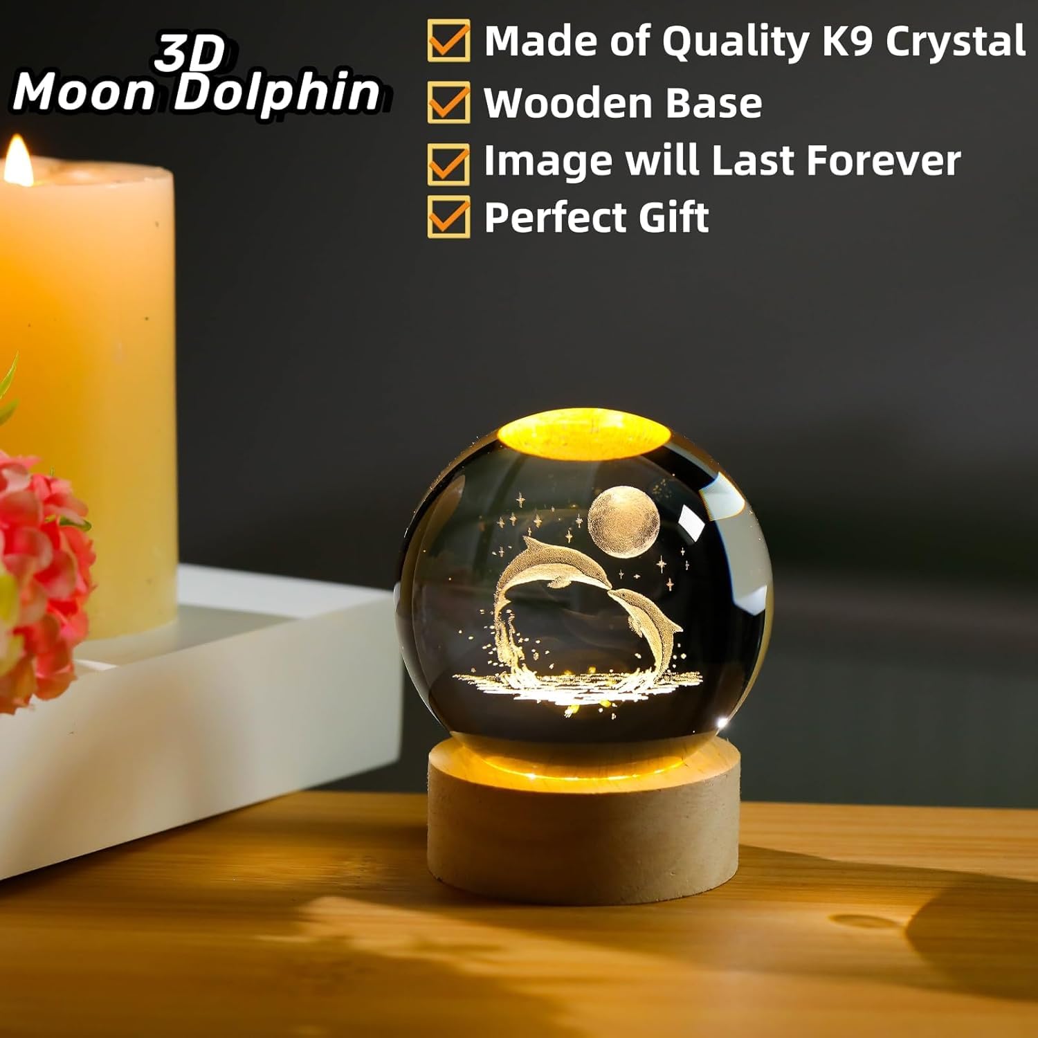 3D Crystal Ball Night Lamp, Creative Engraved Night Light, USB Table LED Wooden Crystal Ball for Home Office Decoration Birthday Gift Adults (Random Design)(Warm White) image 3