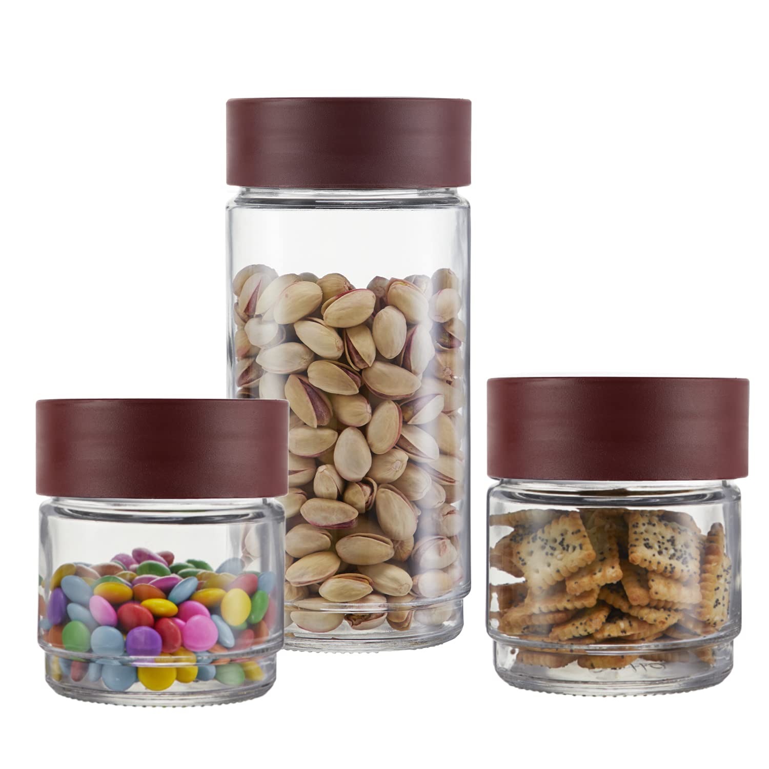 CELLO Modustack Glassy Storage Jar Set of 3 (500ml x 2 + 1000ml), Maroon | Glass Jar with Lid | Stackable | For Grains, Pulses, Spice, Cereals, Cookies, Dry Fruits | Fridge Storage Container