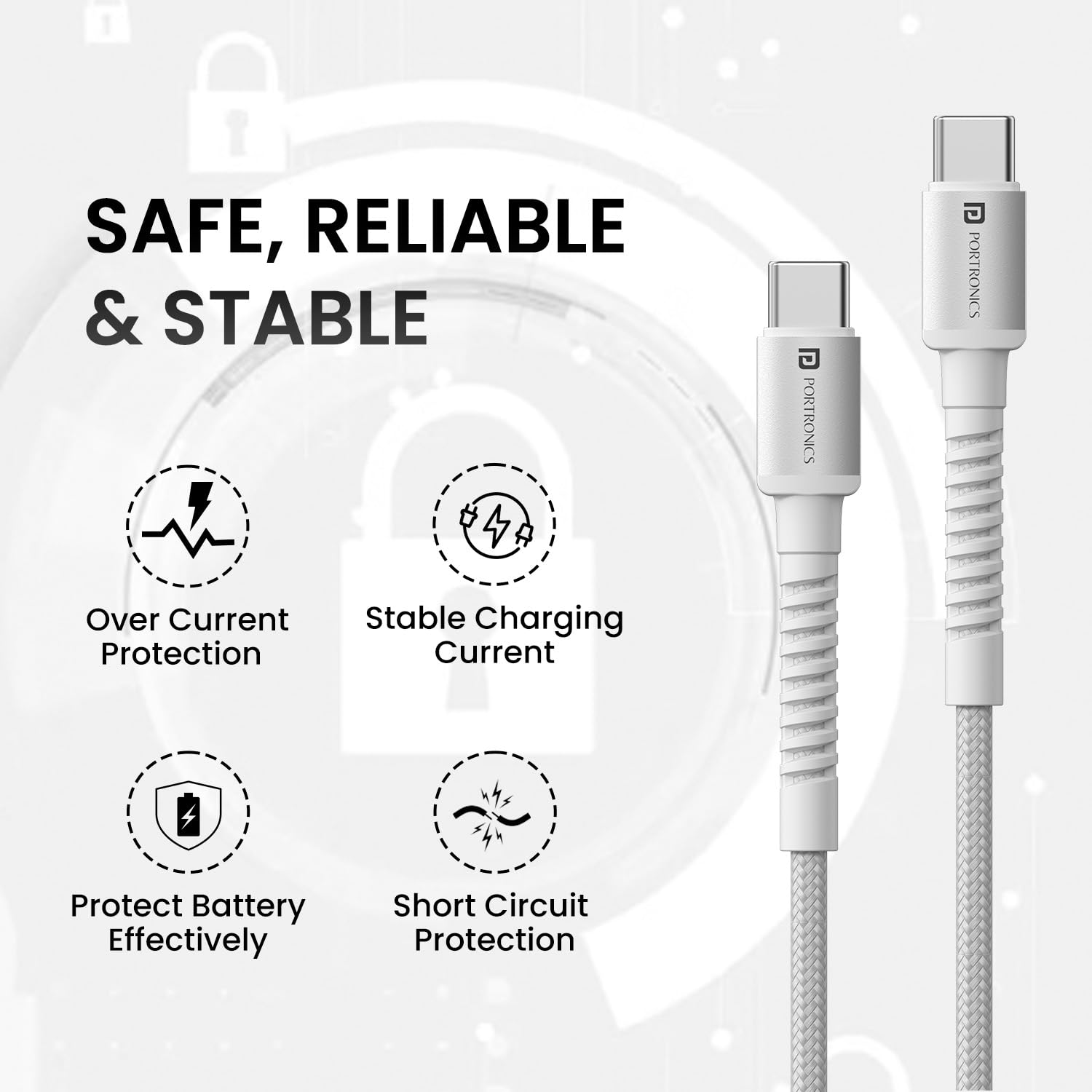 Portronics Konnect X 60W Type C to Type C Unbreakable Nylon Braided Cable, 2M Fast Charging Cable for iPhone 15 series, iPad, Samsung Galaxy & other Type C Devices(White) image 2