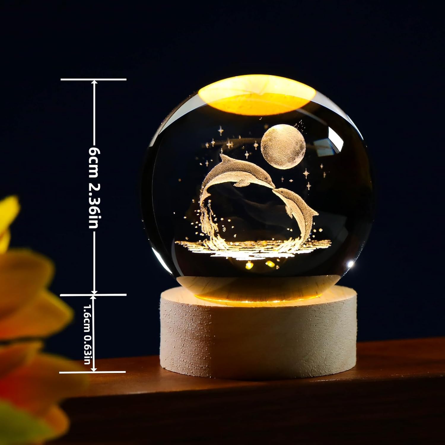 3D Crystal Ball Night Lamp, Creative Engraved Night Light, USB Table LED Wooden Crystal Ball for Home Office Decoration Birthday Gift Adults (Random Design)(Warm White) image 2
