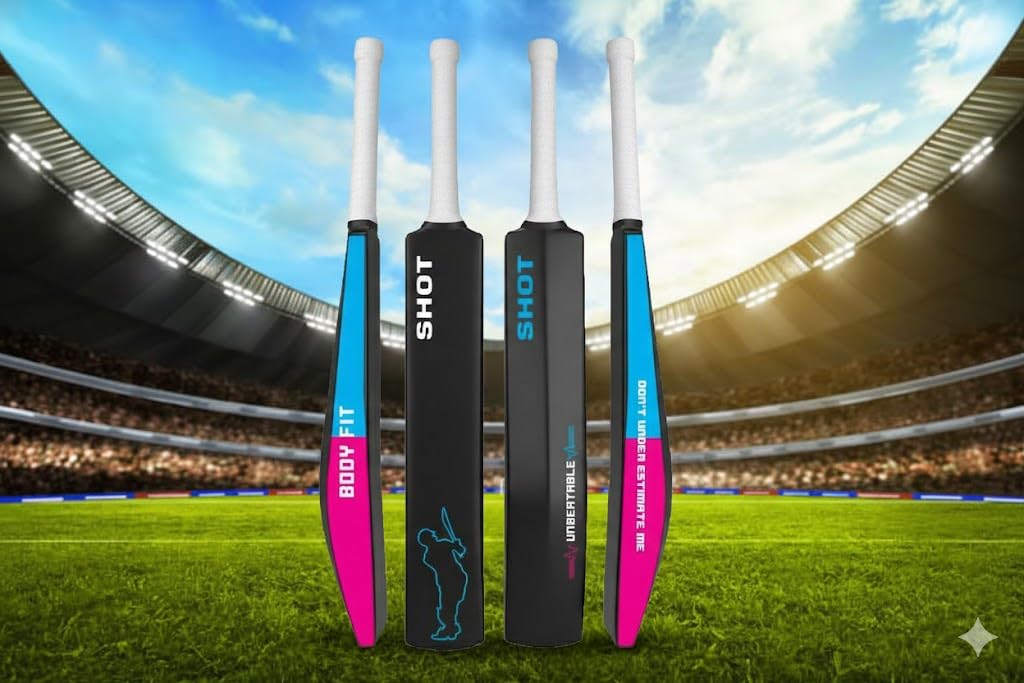 Bodyfit Heavy Duty Plastic Premium Cricket Kit Set | Lightweight| Full Size| | Hard Plastic Bat| Premium Cricket Wicket Set l 3 Stumps+2 Bails+1 Stand Set, 1 Ball. (Black-FBluePnk) image 2