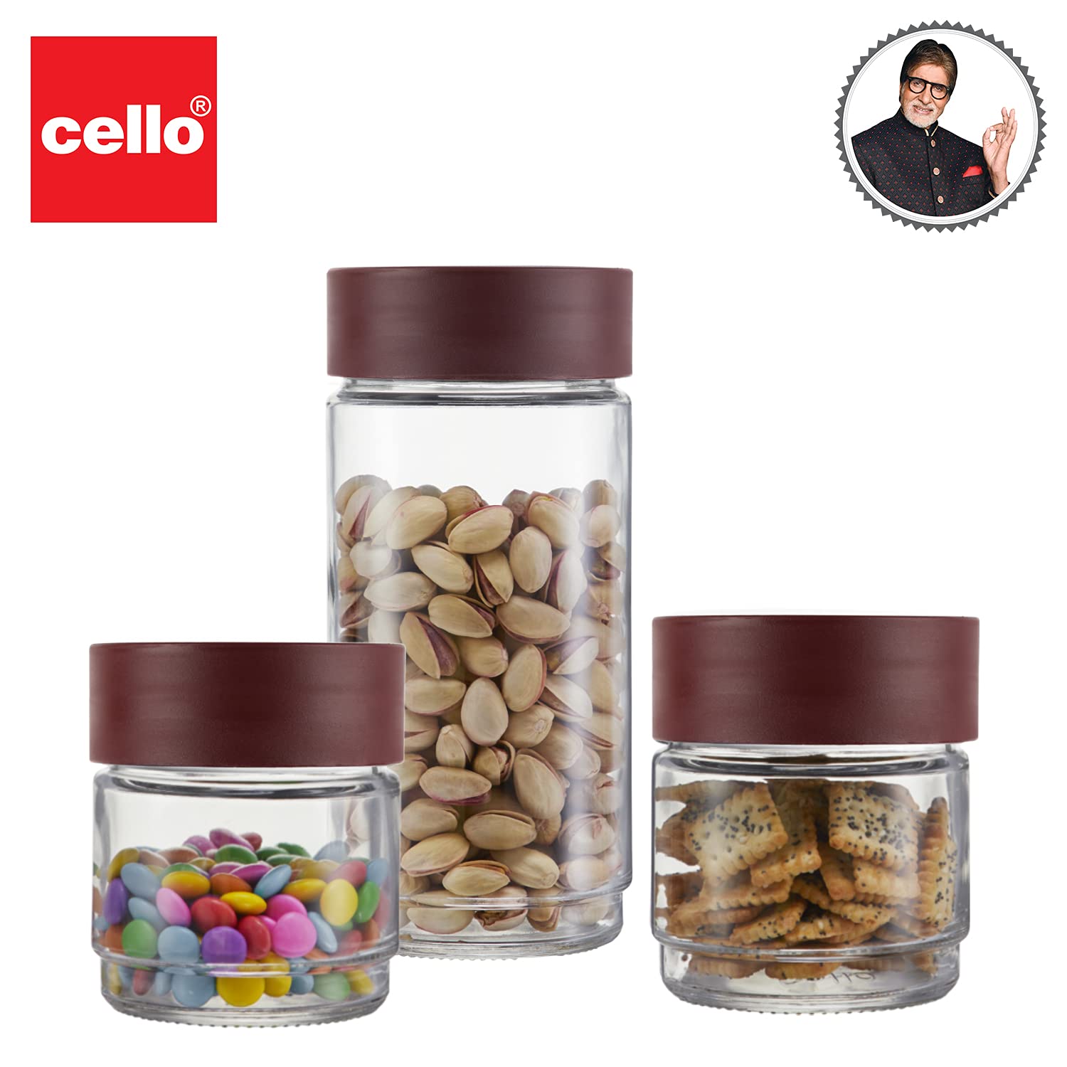 CELLO Modustack Glassy Storage Jar Set of 3 (500ml x 2 + 1000ml), Maroon | Glass Jar with Lid | Stackable | For Grains, Pulses, Spice, Cereals, Cookies, Dry Fruits | Fridge Storage Container image 2