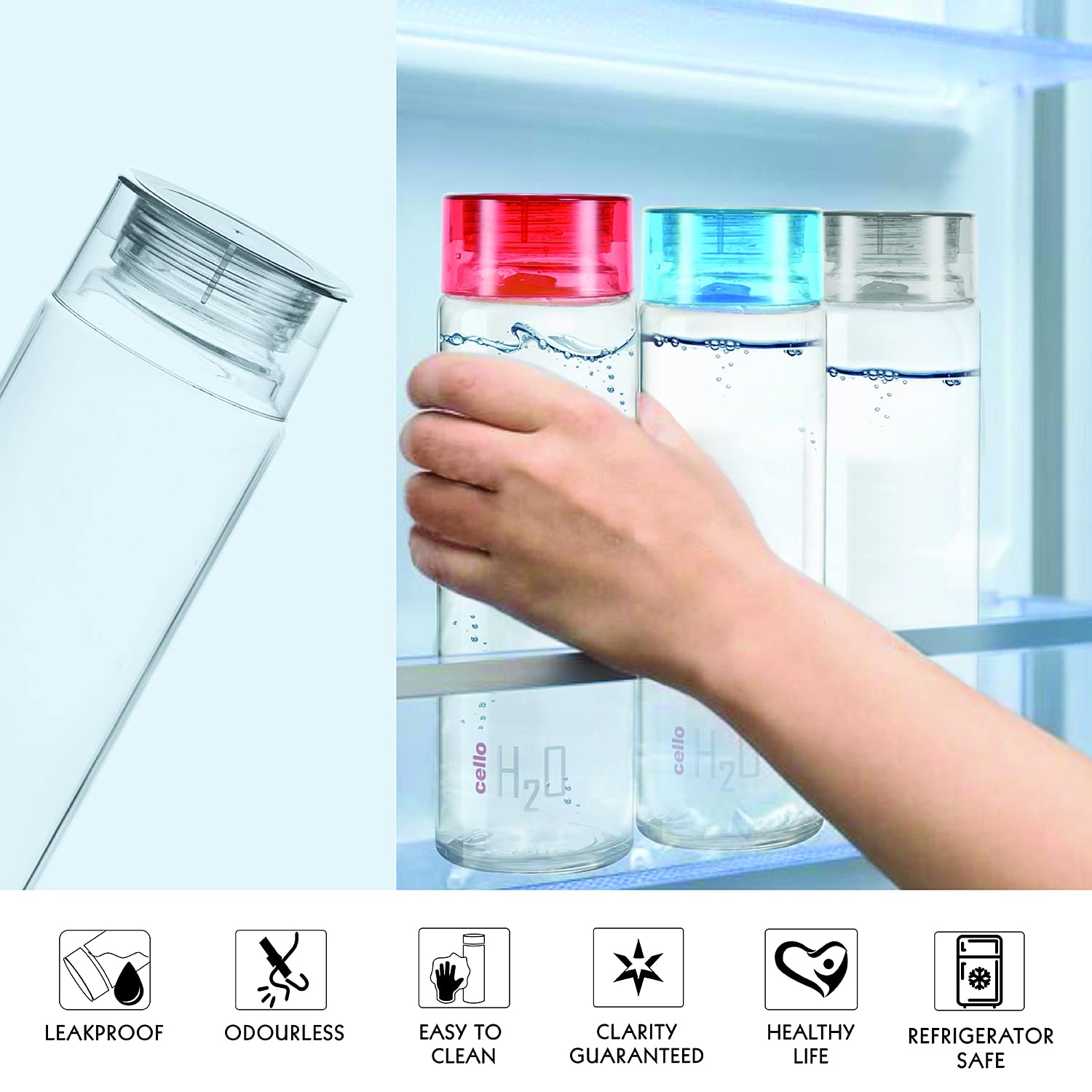 CELLO H2O Glass Fridge Water Bottle with Plastic Cap 920ml, Black | Leakproof & Durable | Wide Mouth, Easy To Clean | Easy Grip Glass Water Bottle For Kitchen, Home, Office, Gym, Travel image 3