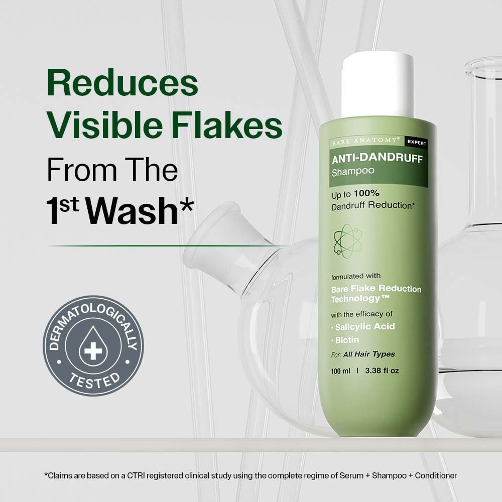 Bare Anatomy Anti-Dandruff Shampoo | Up To 100% Dandruff Reduction | ZPTO-Free | pH 5.3 | Salicylic Acid, Piroctone Olamine & Biotin | Non-Drying Formula | For Strong, Smooth Hair | Unisex | 100 ml image 3