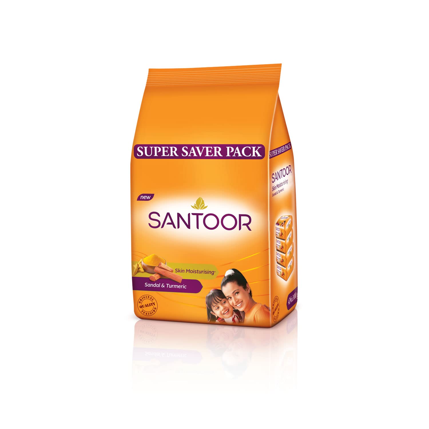 Santoor Sandal and Turmeric Soap (Pack of 4 soaps 125g each) & Santoor Sandal & Turmeric Soap for Total Skin Care, 100g (Pack of 4, Super Saver Pack) image 5
