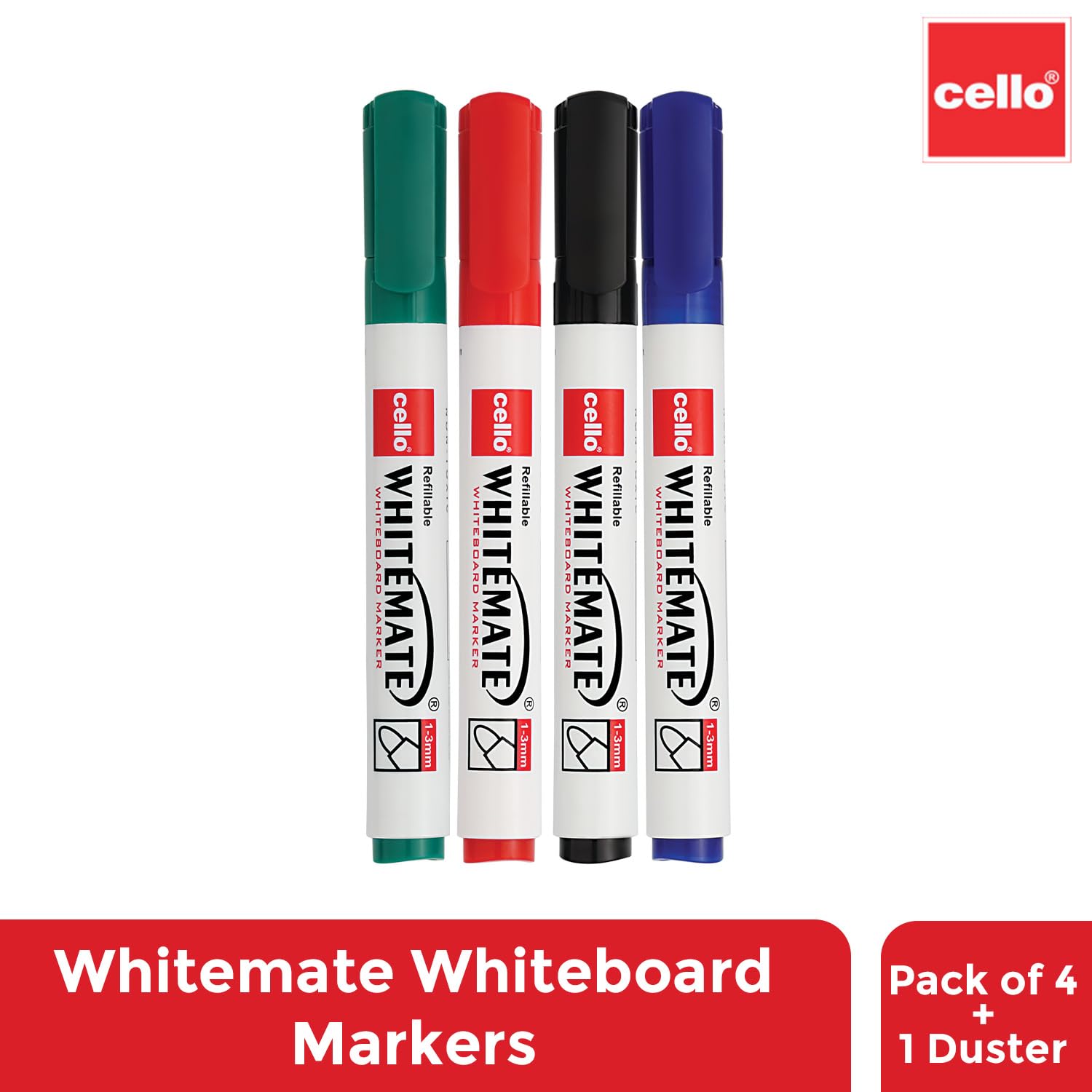 Cello Whitemate Whiteboard Markers | Set Of 4 Markers And 1 Duster | 4 Assorted Ink Colours | Bold Point Marker Pens With Easily Refillable And Erasable Ink | Writes Longer. image 3