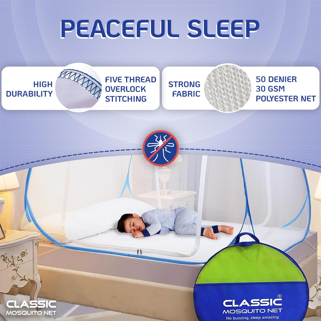 Classic Mosquito Net for Double Bed | King Size Foldable Machardani | Polyester 30GSM Strong Net | PVC Coated Corrosion Resistant Steel Wire - Blue image 4