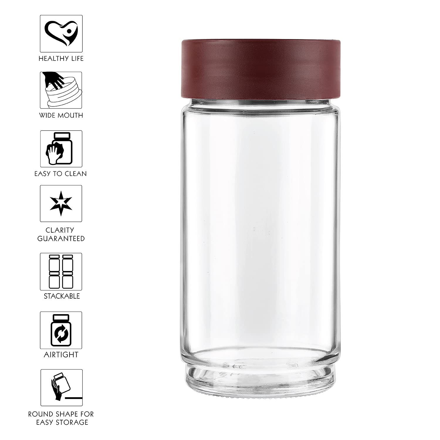 CELLO Modustack Glassy Storage Jar Set of 3 (500ml x 2 + 1000ml), Maroon | Glass Jar with Lid | Stackable | For Grains, Pulses, Spice, Cereals, Cookies, Dry Fruits | Fridge Storage Container image 4