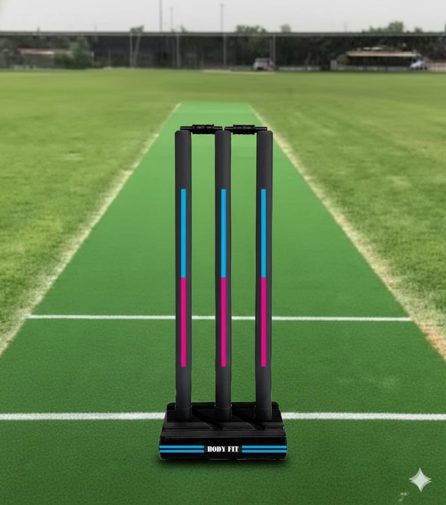 Bodyfit Heavy Duty Plastic Premium Cricket Kit Set | Lightweight| Full Size| | Hard Plastic Bat| Premium Cricket Wicket Set l 3 Stumps+2 Bails+1 Stand Set, 1 Ball. (Black-FBluePnk) image 4