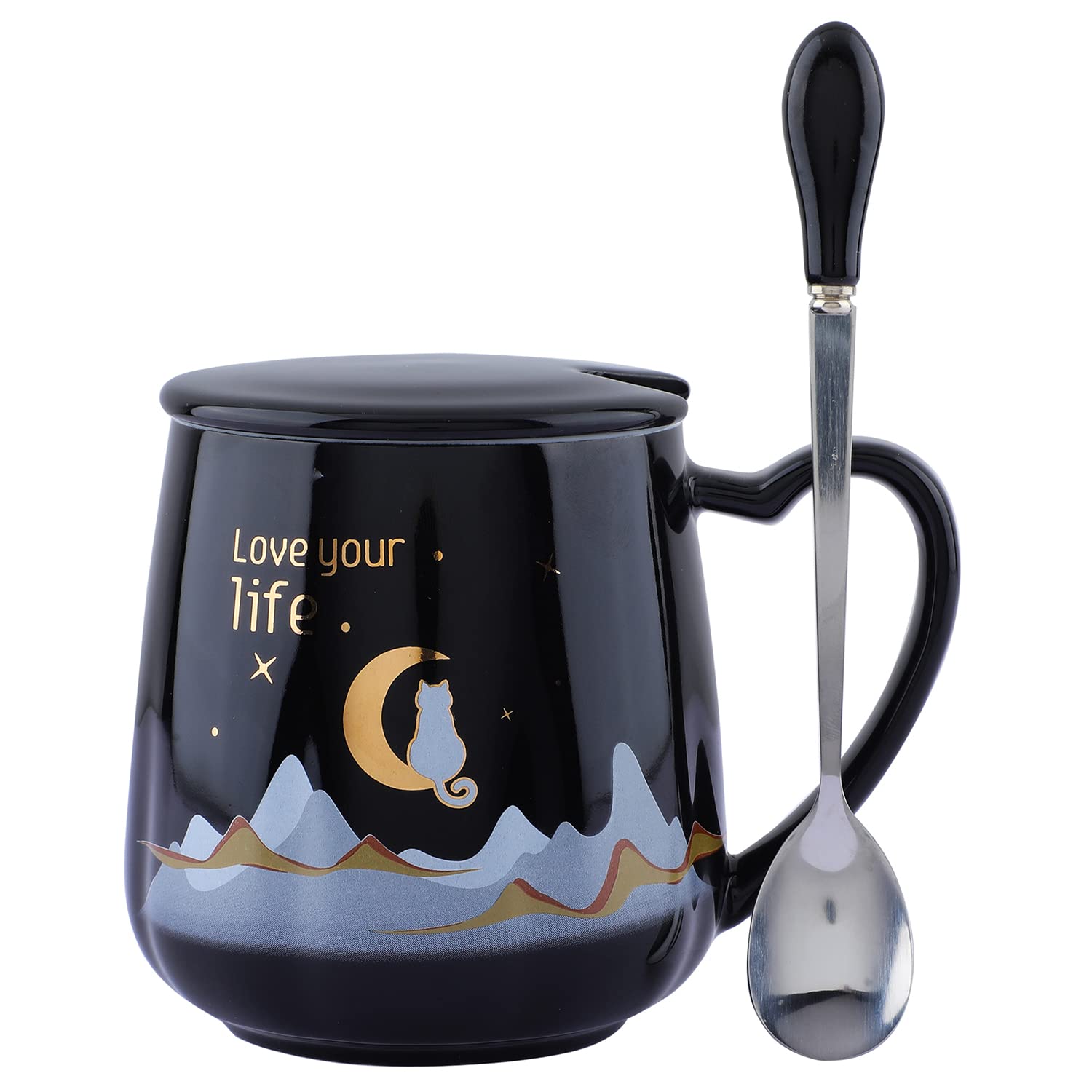 NYRWANA Coffee Mug, Gift for Woman, Birthday Present for Girlfriend, Mugs for Present, Valentine Gift for Girlfriend, Cute Mugs, Love Your Life Mug with Lid & Spoon (420ml - Black)