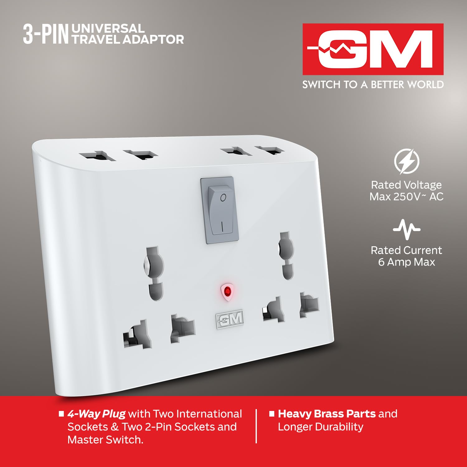 GM 3 Pin 6 AMP Universal Multiplug Travel Adapter with 4 Charging Point | Useful for Home Applications, Mobiles, Computers, Laptops | Adapter with Inbuilt Surge Protector & Power Indicator | GM 3019 image 5