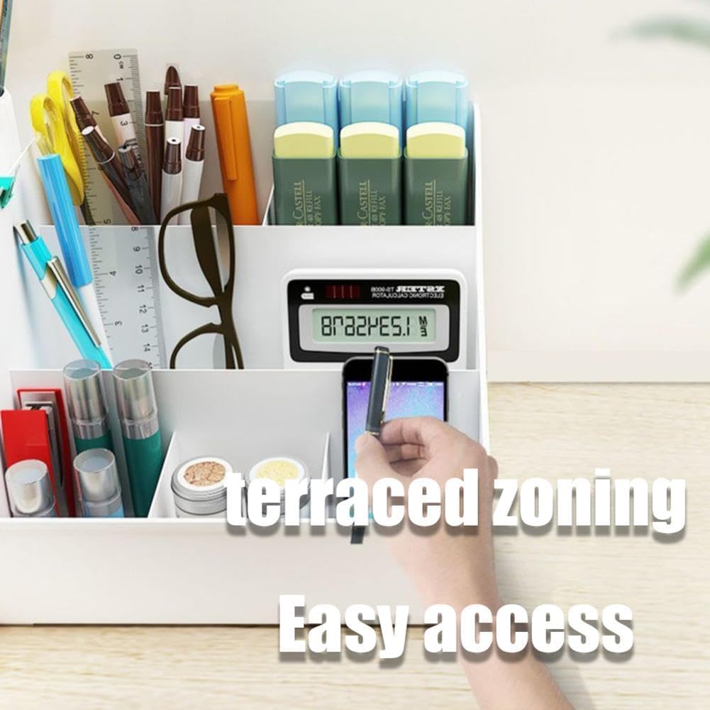 Shuttle Art Office Desk Organizer with Drawer, All in One Office Supplies and Cool Desk Accessories Pen Holder, Enhance Your Decor, Desktop 8-Compartment Laddered Desk Organizer(White) image 3