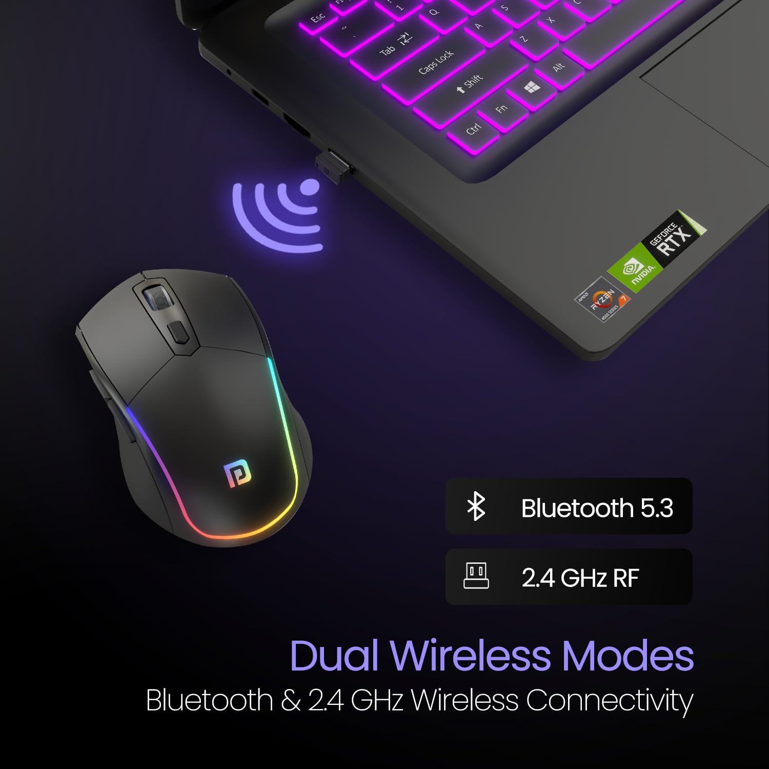 Portronics Toad One Bluetooth Mouse with 2.4 GHz & BT 5.3 Dual Wireless, 6 Buttons, Rechargeable, RGB Lights, Connect 3 Devices, Ergonomic Design for Laptop, Smartphone, Tablet (Black) image 2
