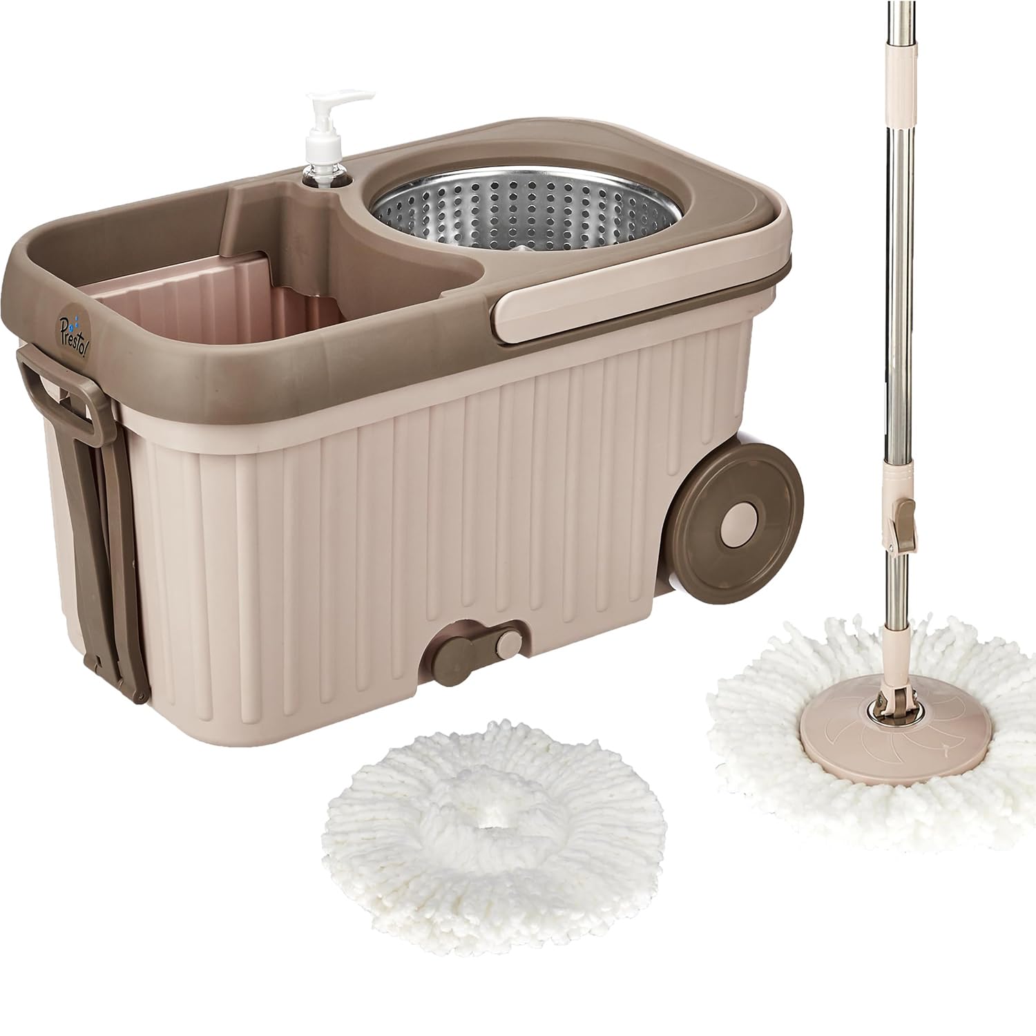 Amazon Brand - Presto! Elite Spin Mop with Steel Wringer and Auto-fold Handle, Chestnut, 2 Refills