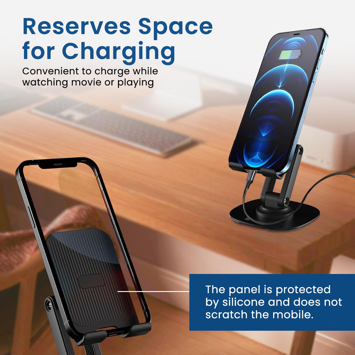 Portronics Mobot III 360° Rotatable & Foldable Mobile Phone Holder With Stable Metallic base,Adjustable Height, Anti Skid Pad,Tabletop Mobile Phone Stand for all Smartphones,tablets,Kindle,ipad(Black) image 5