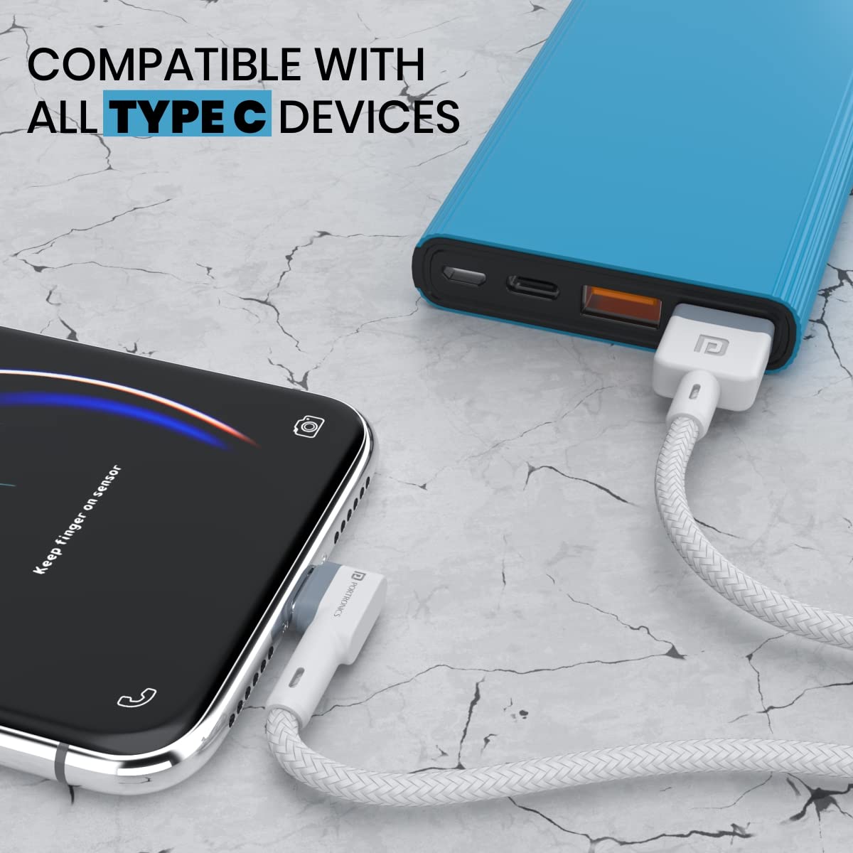 Portronics Konnect L POR-1403 Fast Charging 3A Type-C Cable 1.2 Meter with Charge & Sync Function for All Type-C Devices (White) image 5