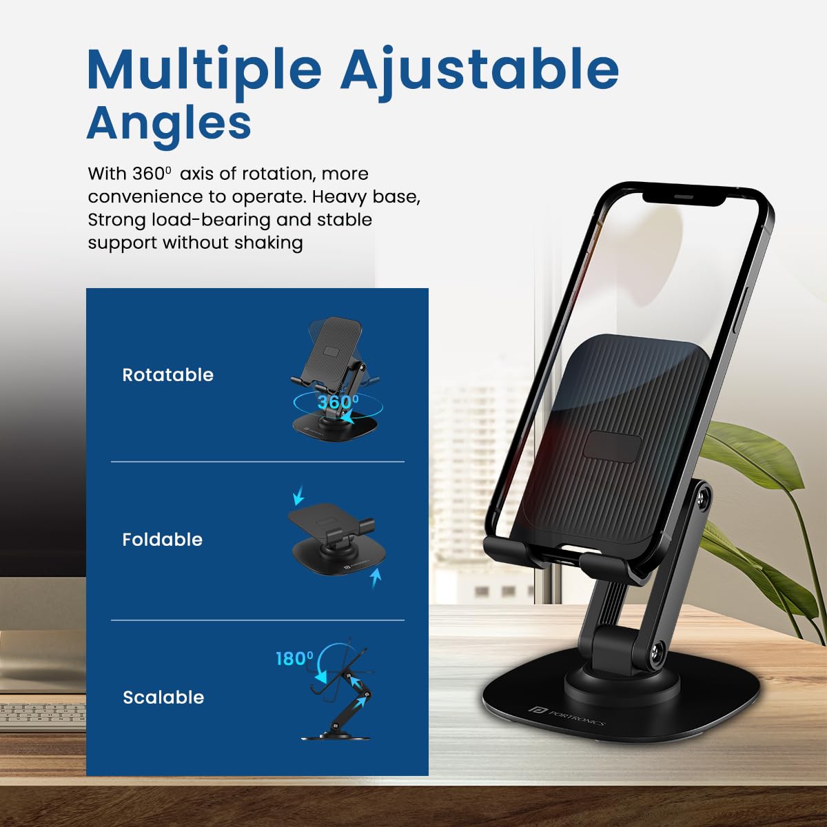 Portronics Mobot III 360° Rotatable & Foldable Mobile Phone Holder With Stable Metallic base,Adjustable Height, Anti Skid Pad,Tabletop Mobile Phone Stand for all Smartphones,tablets,Kindle,ipad(Black) image 4