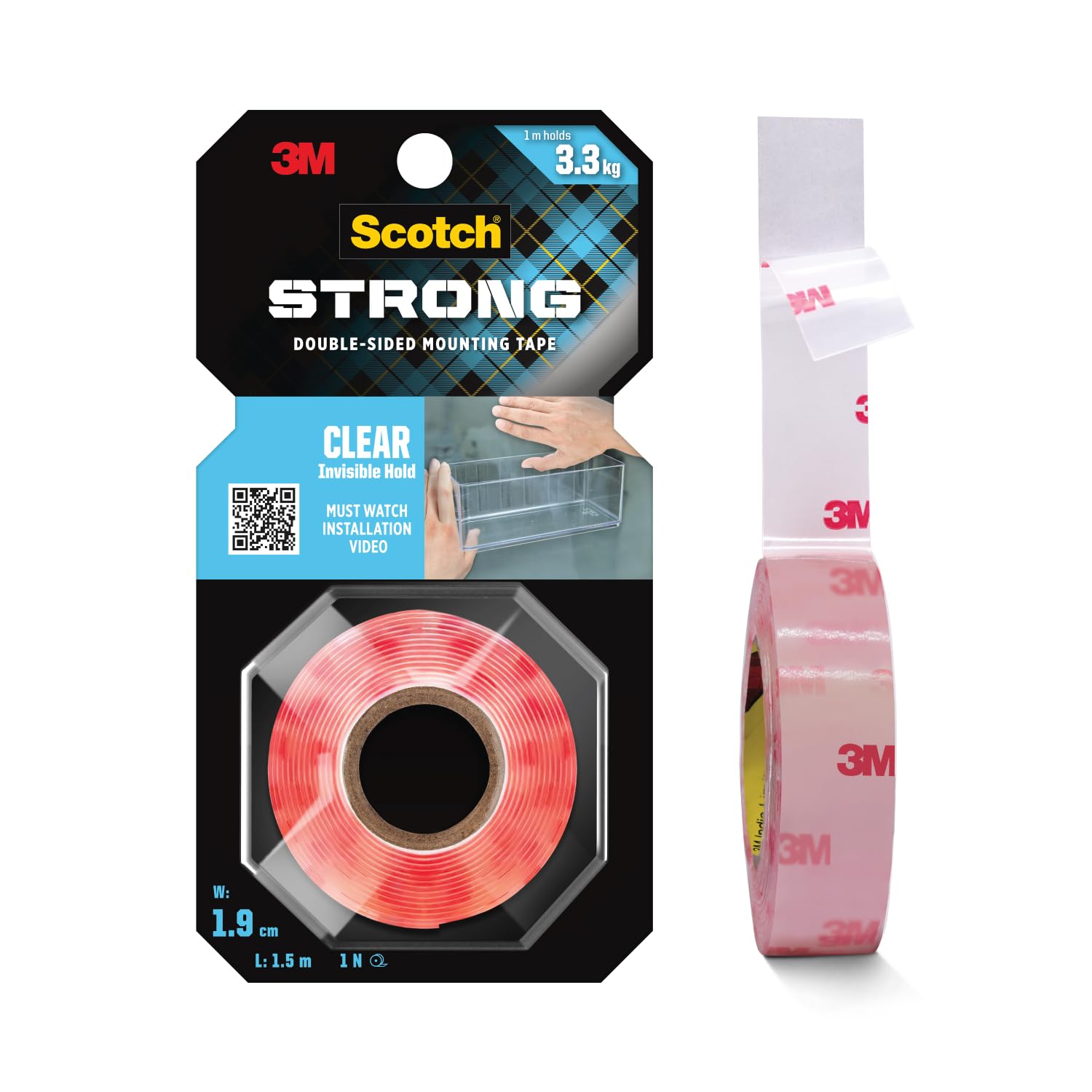 Scotch 3M Clear Double-Sided Tape, 1M Holds 3.3 Kg, Invisible Finish, for indoor hanging applications, works on uneven surfaces, Heavy Duty, Strong Adhesive, (L: 1.5m, W: 19mm), Transparent