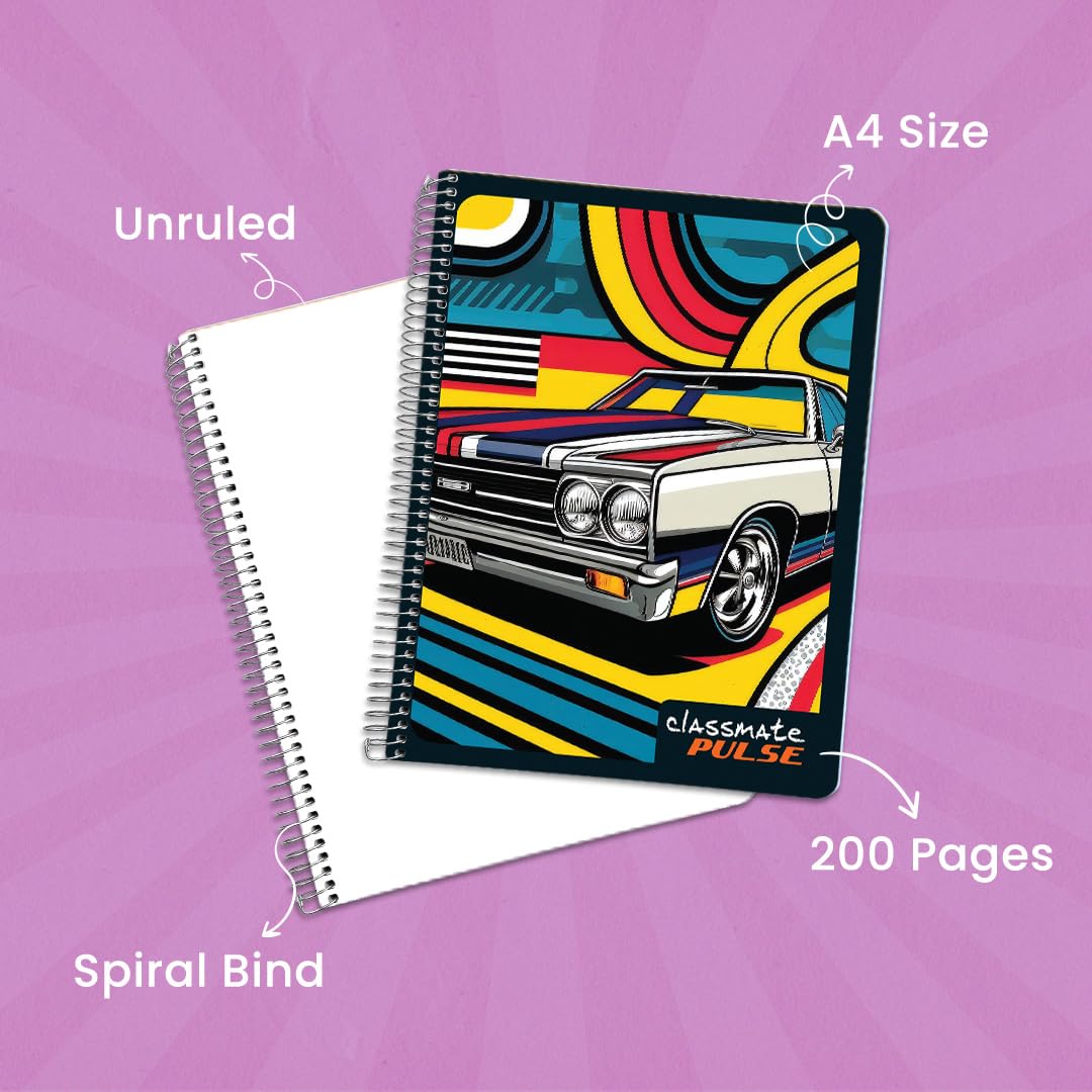 Classmate Pulse Single Subject Spiral Notebook - Pack of 4 | Unruled | 200 Pages | 24.0cm x 18.0cm | Attractive Cover Designs | Soft Cover |Notebooks for College Students image 3