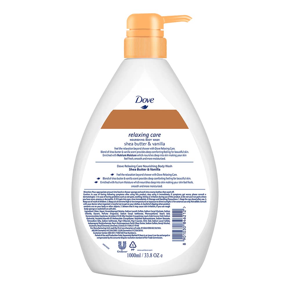 Dove Relaxing Shea Butter Body Wash with Vanilla for Soft Skin, Soothing Scent, 1L image 3