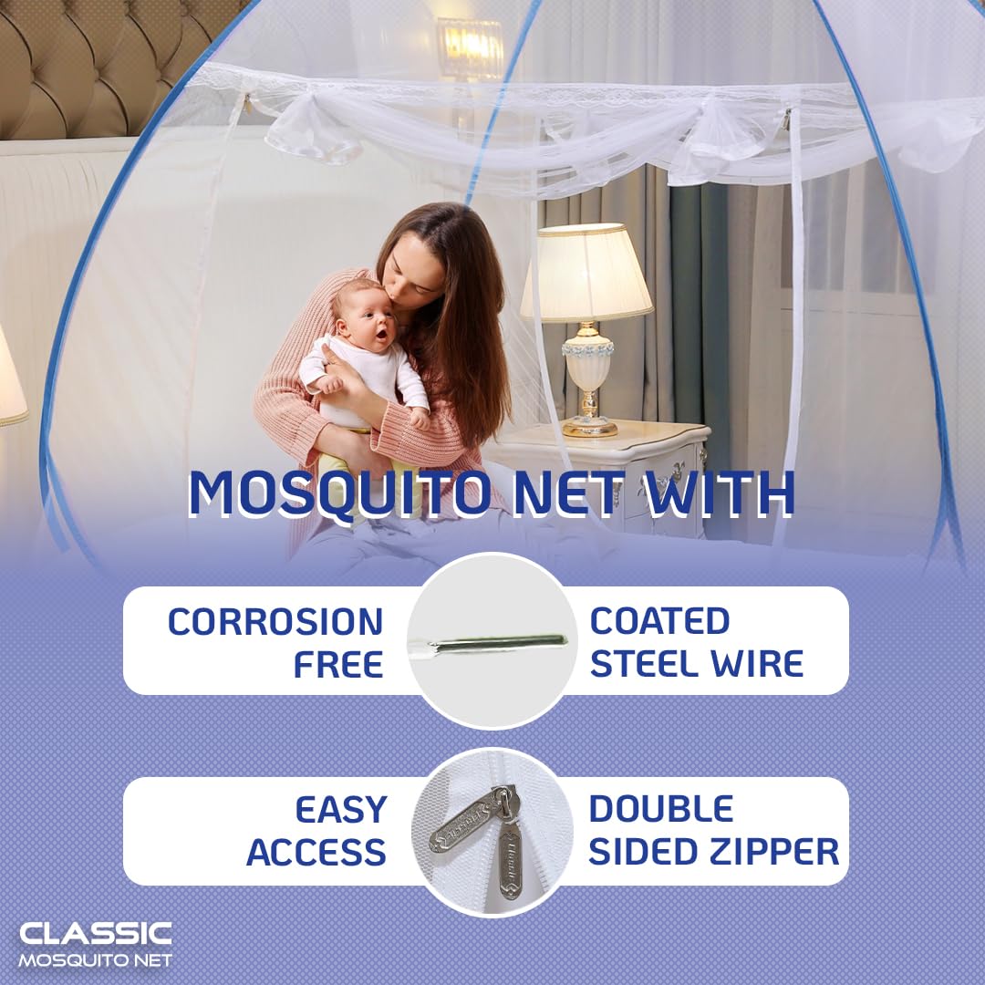 Classic Mosquito Net for Double Bed | King Size Foldable Machardani | Polyester 30GSM Strong Net | PVC Coated Corrosion Resistant Steel Wire - Blue image 3