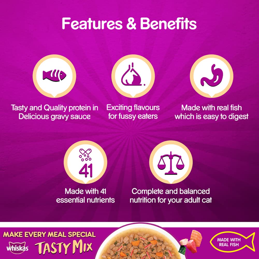 Whiskas Tasty Mix Wet Food for Adult Cats (1+ year), Made With Real Fish, Seafood Cocktail Wakame Se image 5