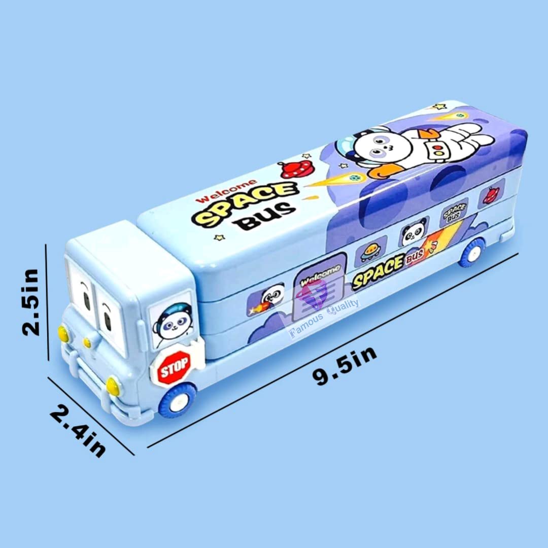 FAMOUS QUALITY® 2 in 1 - Cartoon Printed School Bus Metal Pencil Box with Moving Tyres and Sharpener for Kids - Blue,Metal image 5