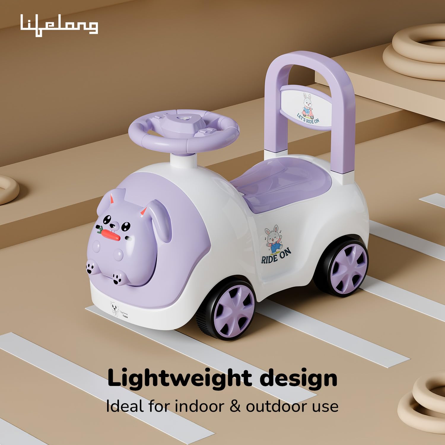 Lifelong Bunny Manual Push Ride-On Toy Car with Back Support for Boys & Girls 1-4 Years, Distraction-Free, Non-Musical, Easy Installation, 50kg Capacity, Steering Wheel, Storage, Indoor Outdoor Fun image 5