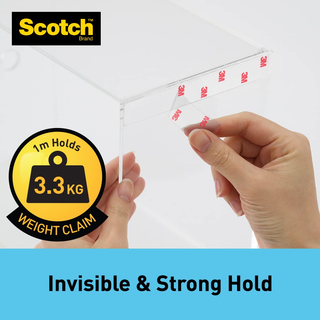 Scotch 3M Clear Double-Sided Tape, 1M Holds 3.3 Kg, Invisible Finish, for indoor hanging applications, works on uneven surfaces, Heavy Duty, Strong Adhesive, (L: 1.5m, W: 19mm), Transparent image 2