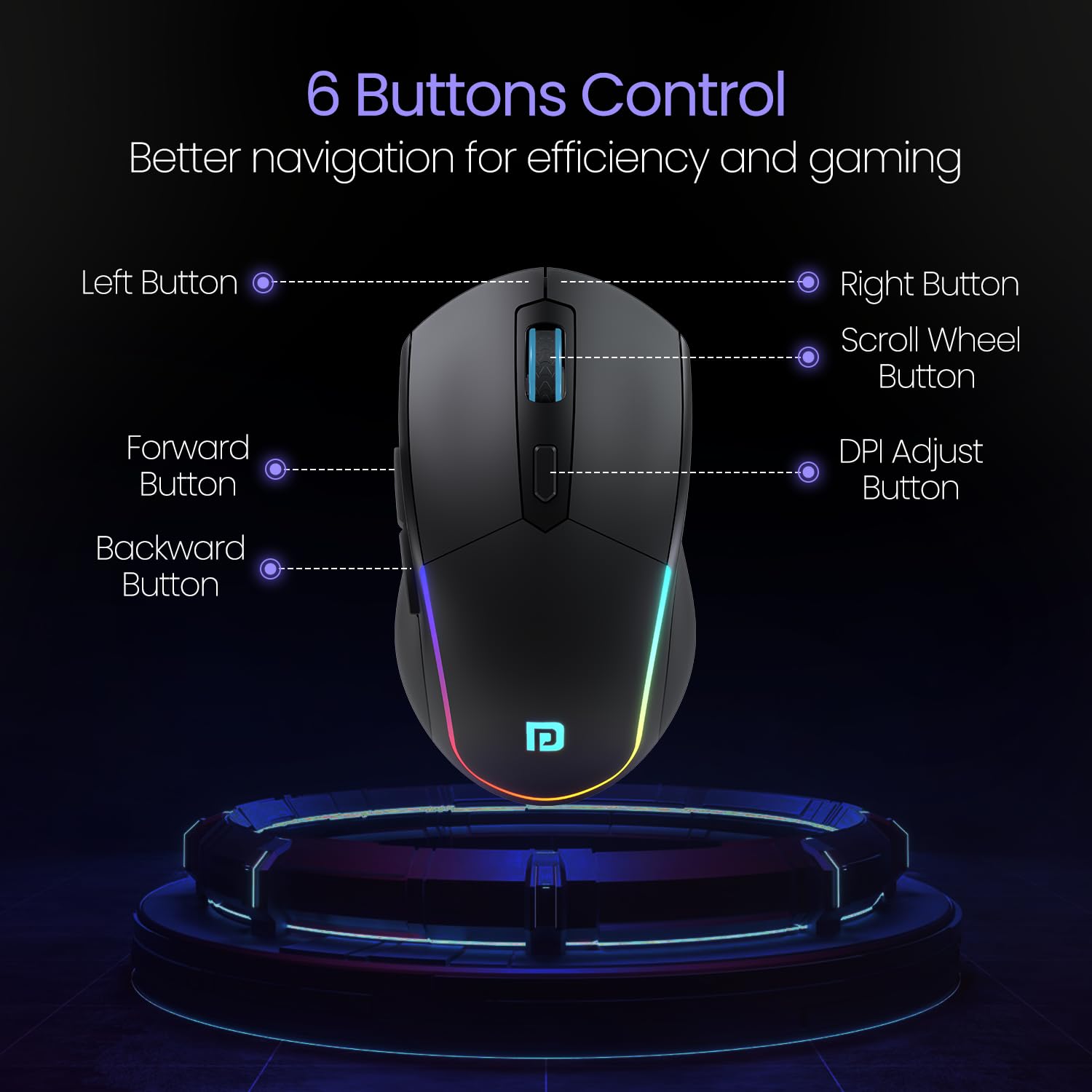 Portronics Toad One Bluetooth Mouse with 2.4 GHz & BT 5.3 Dual Wireless, 6 Buttons, Rechargeable, RGB Lights, Connect 3 Devices, Ergonomic Design for Laptop, Smartphone, Tablet (Black) image 4