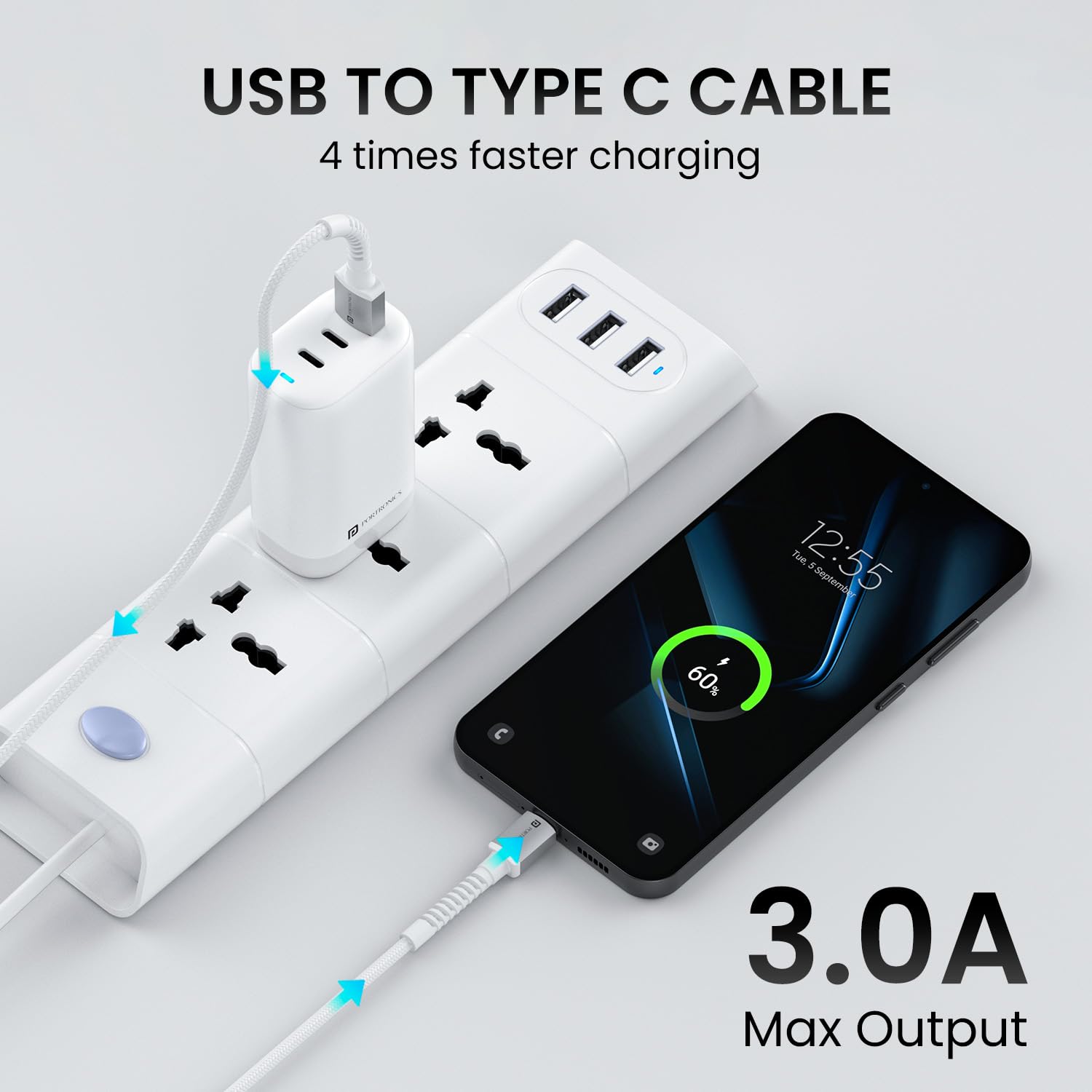 Portronics Konnect X USB to Type C Cable with 3A Output, Fast Charging & Data Transfer, Nylon Braided, Aluminium Alloy Shell, 1M Length compatible with Type C Smartphones(White) image 5