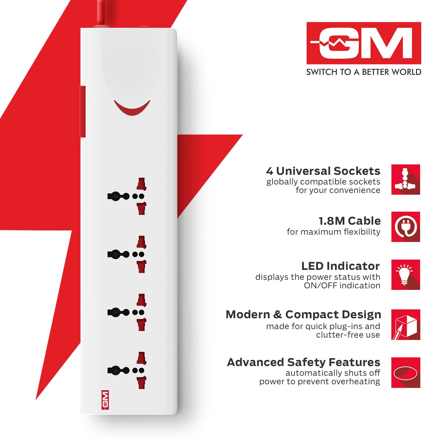 GM 3060 Extension Board 10Amp Output 250 Volts with 2 Mtr Extension Cord & Surge Protector | Master Switch, Safety Shutter, 4 International Sockets | Multi Plug Travel Adapter for Home Appliances image 5