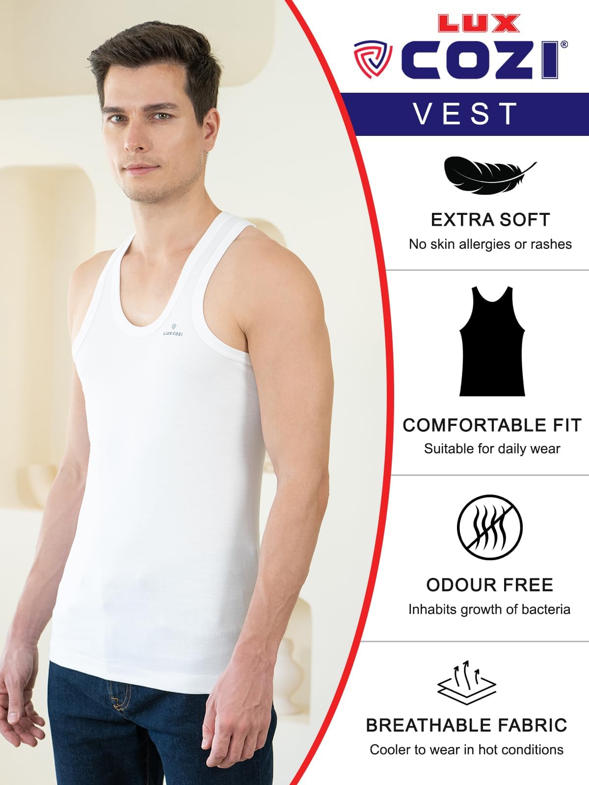 Lux Cozi Men's White Round Neck Sleeveless Cotton Regular Fit Vest (Pack of 3) image 3