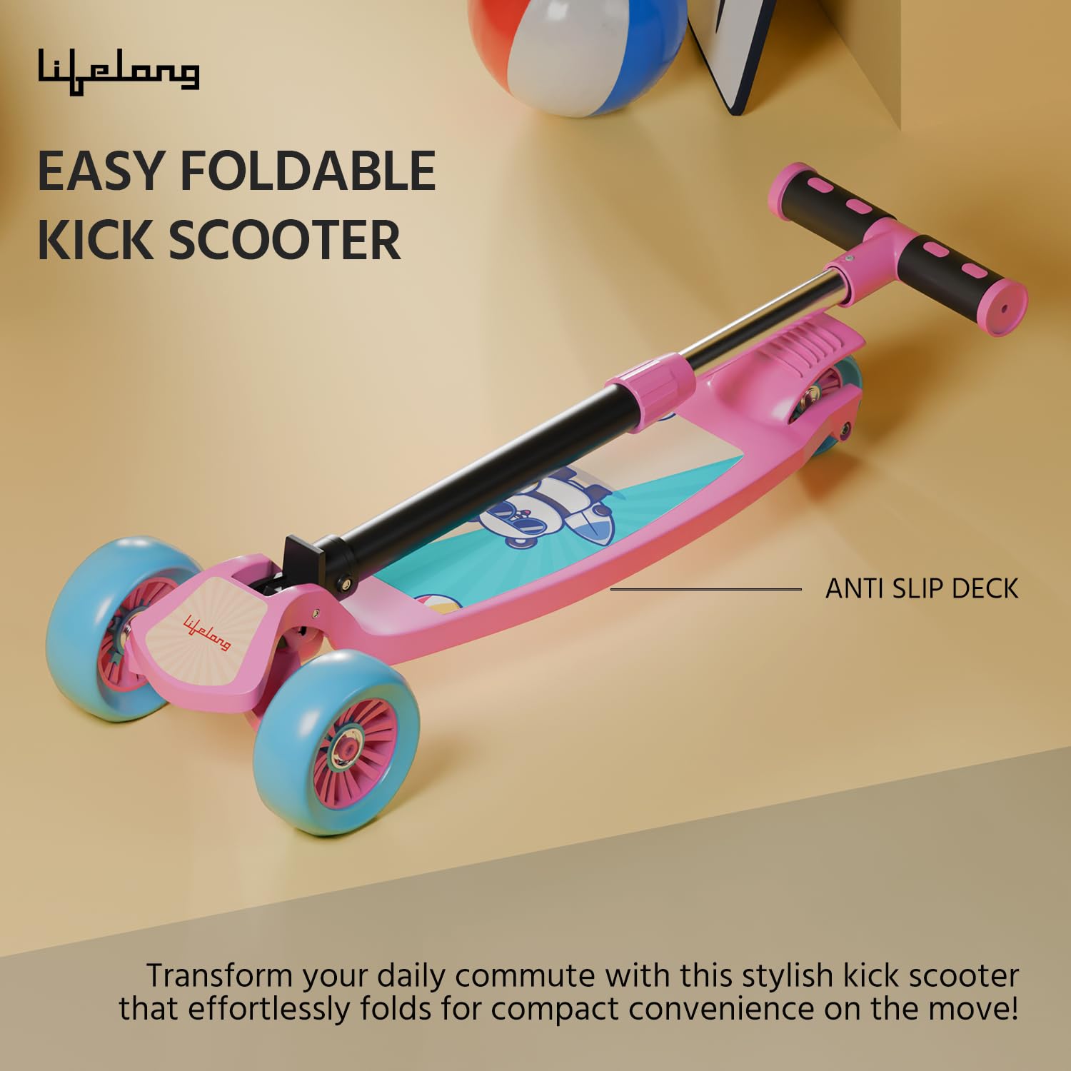 Lifelong LLKS03 Foldable Kick Skating Cycle| Skate Scooter for Kids(Max User Weight: 50Kg) Kids Scooter (Pink, Blue) image 5