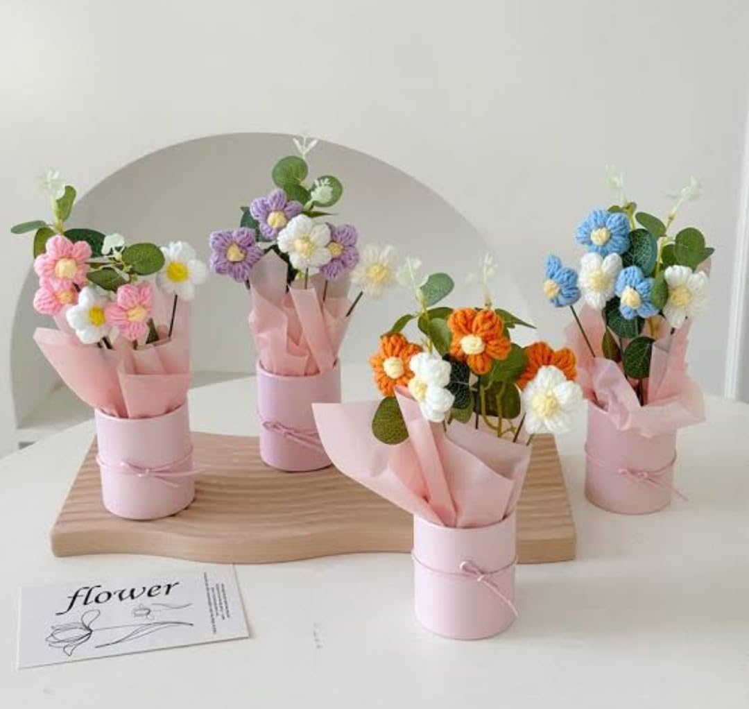 VRB Dec 1pcs Artificial Crochet Flower Bouquet/Artificial Flowers Bunch/Crochet Flowers Bouquet/Crochet Flowers/Flowers Bouquet Gift for Girls Home Decor,Gifting,etc. (Pink Daisy Bouquet) image 2